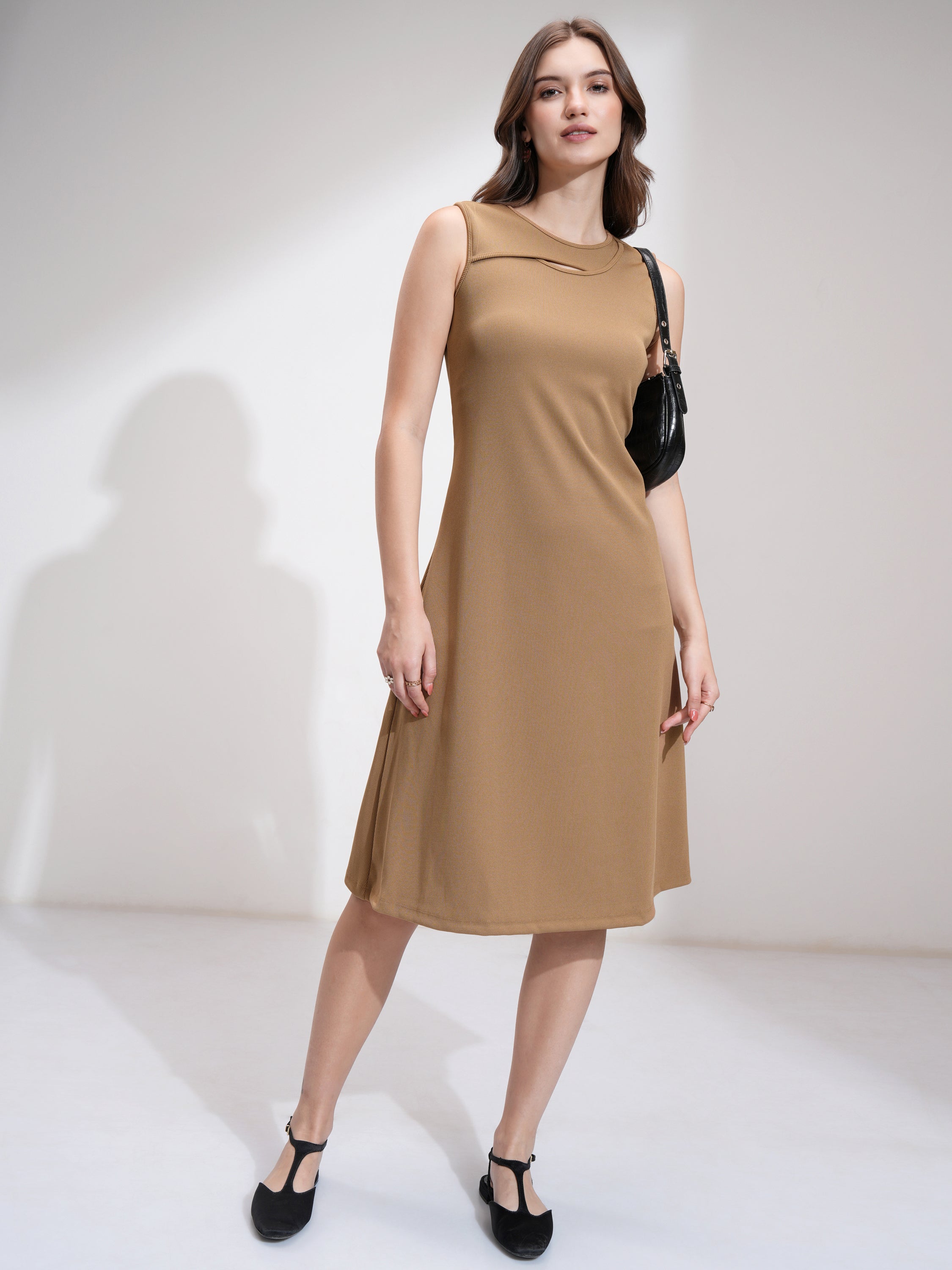 Tokyo Talkies Women Beige Solid Fit And Flare Dress - Beige - Image 1