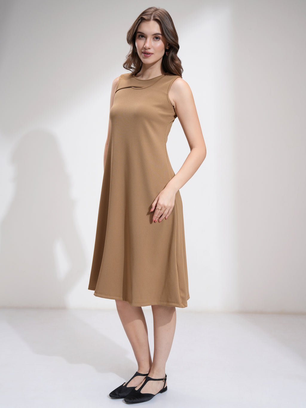 Tokyo Talkies Women Beige Solid Fit And Flare Dress - Beige - Image 2