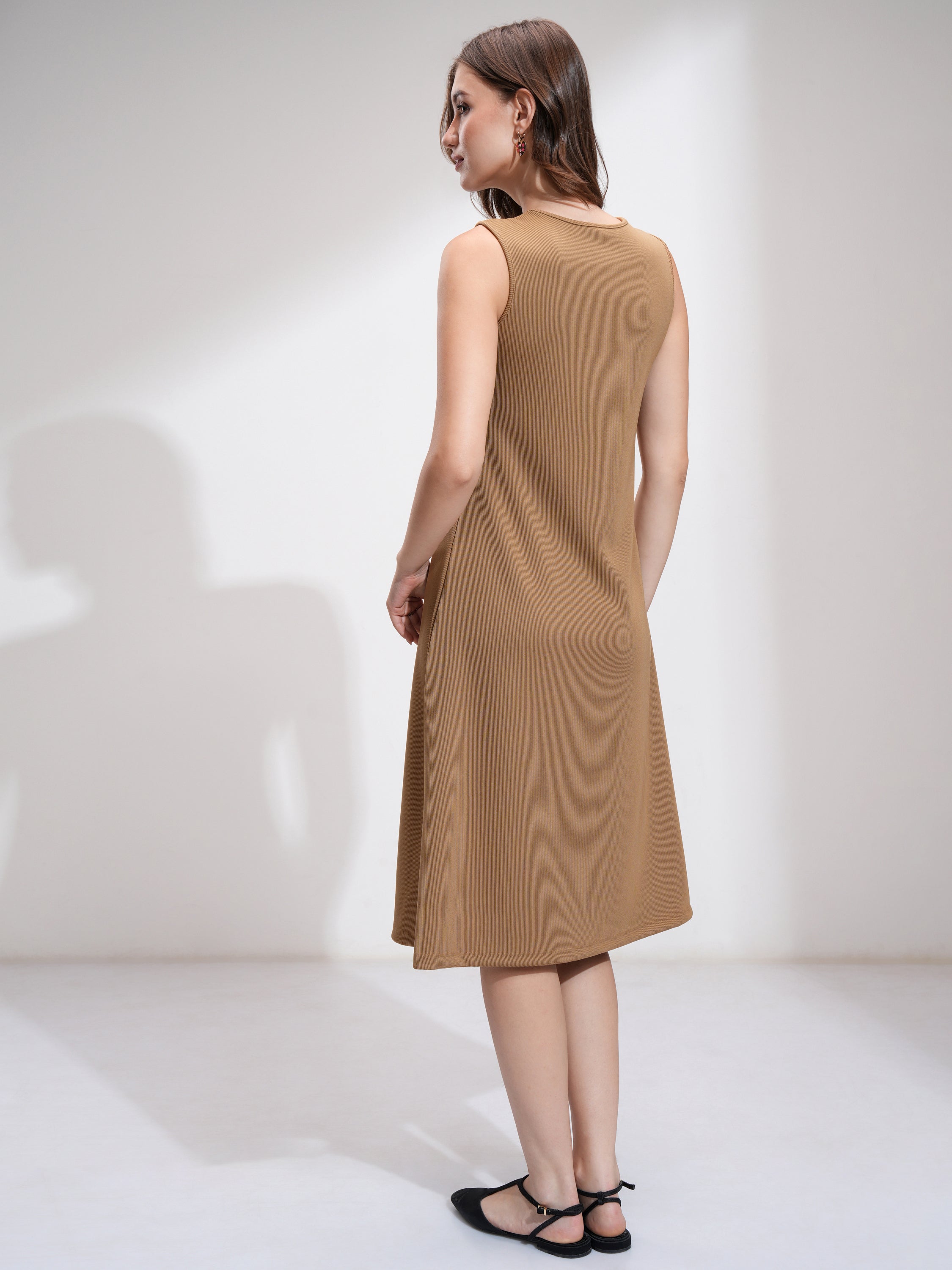 Tokyo Talkies Women Beige Solid Fit And Flare Dress - Beige - Image 3