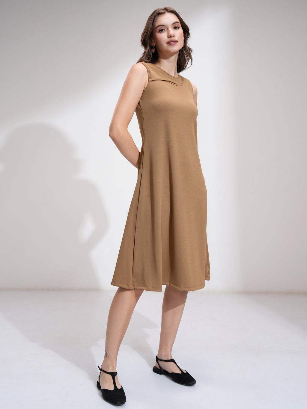 Tokyo Talkies Women Beige Solid Fit And Flare Dress - Beige - Image 4