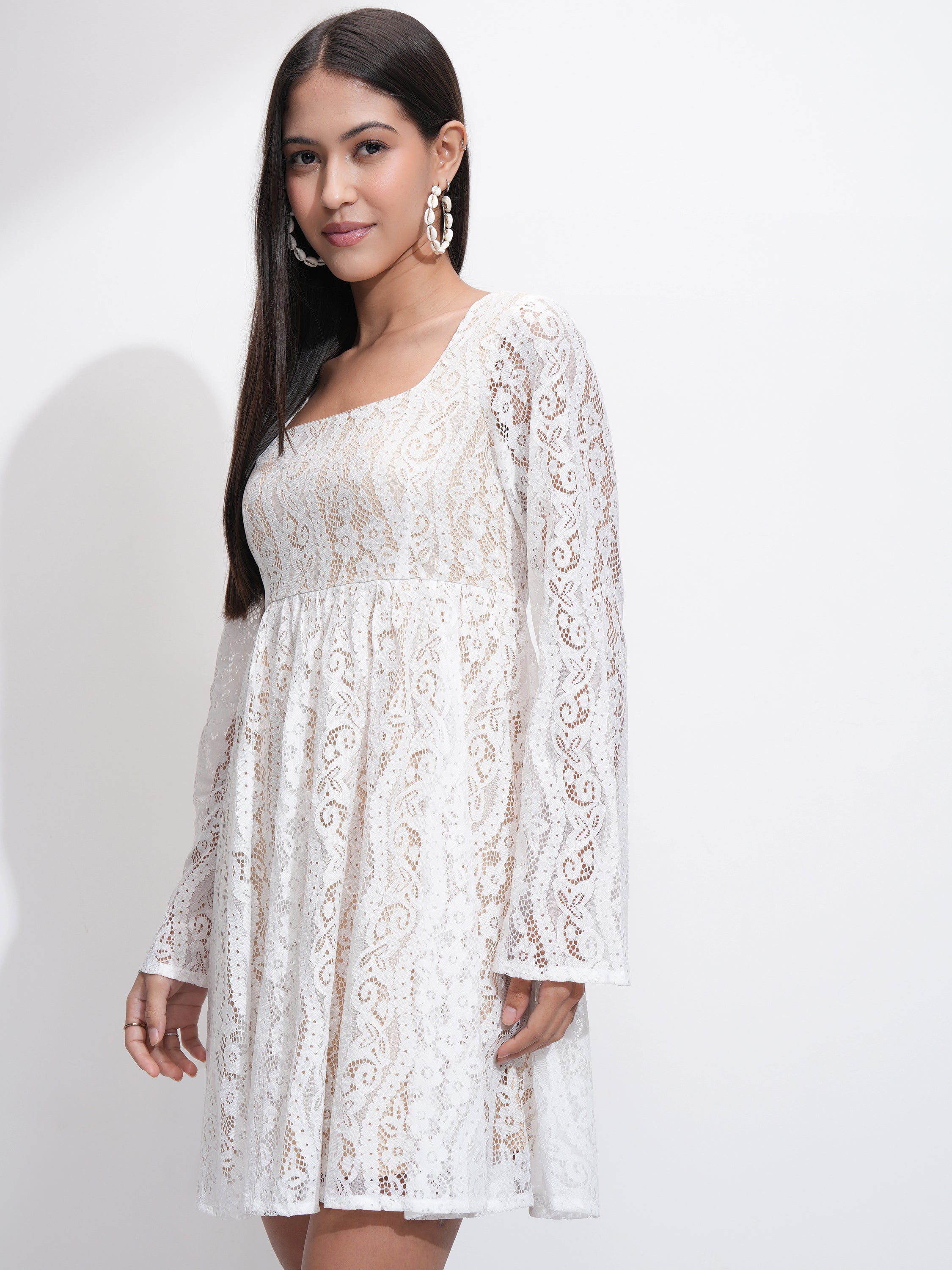 Tokyo Talkies Women White Self Design Fit and Flare Dress - White - Image 4