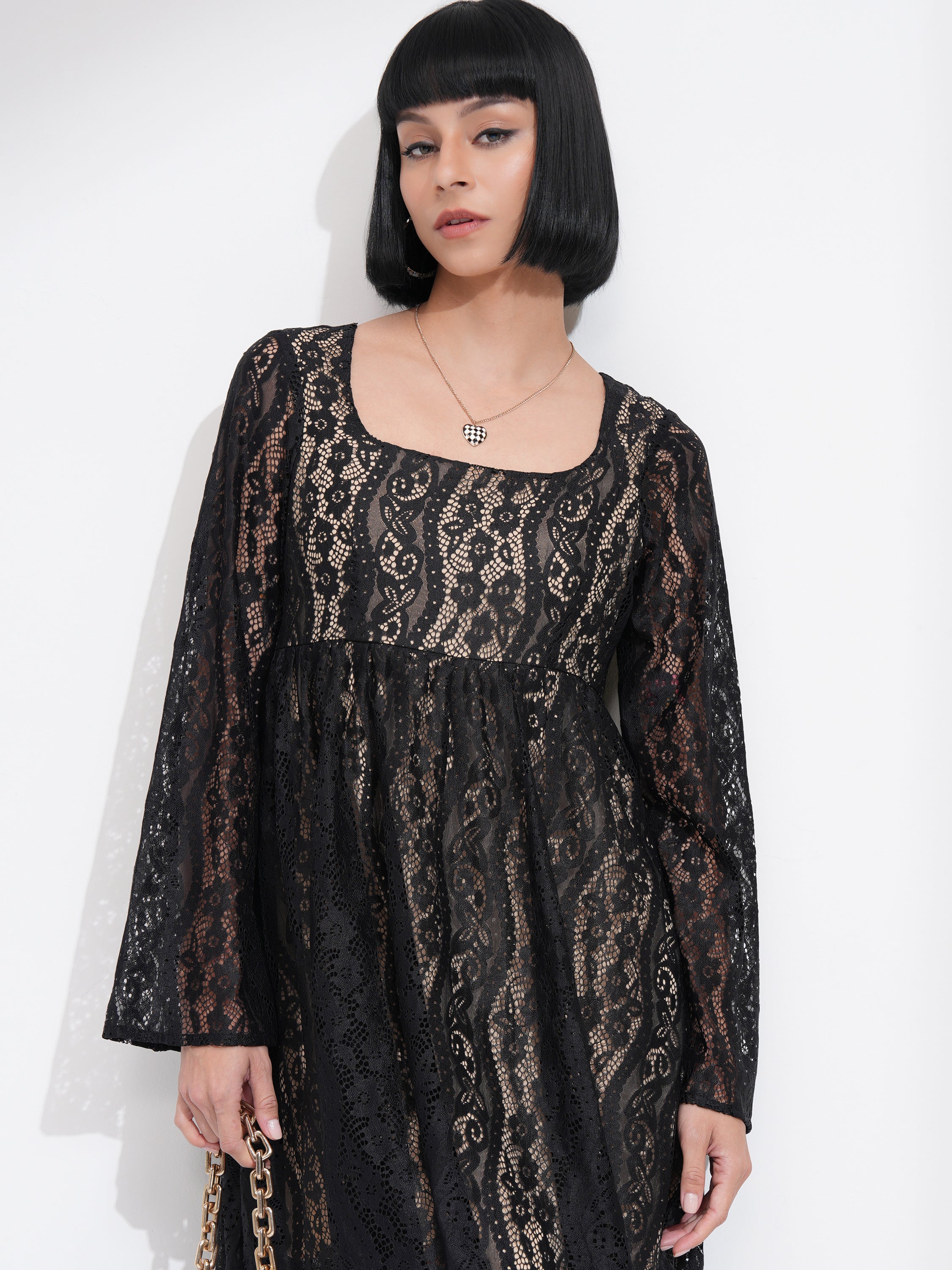 Tokyo Talkies Women Black Self Design Fit And Flare Dress - Black - Image 1