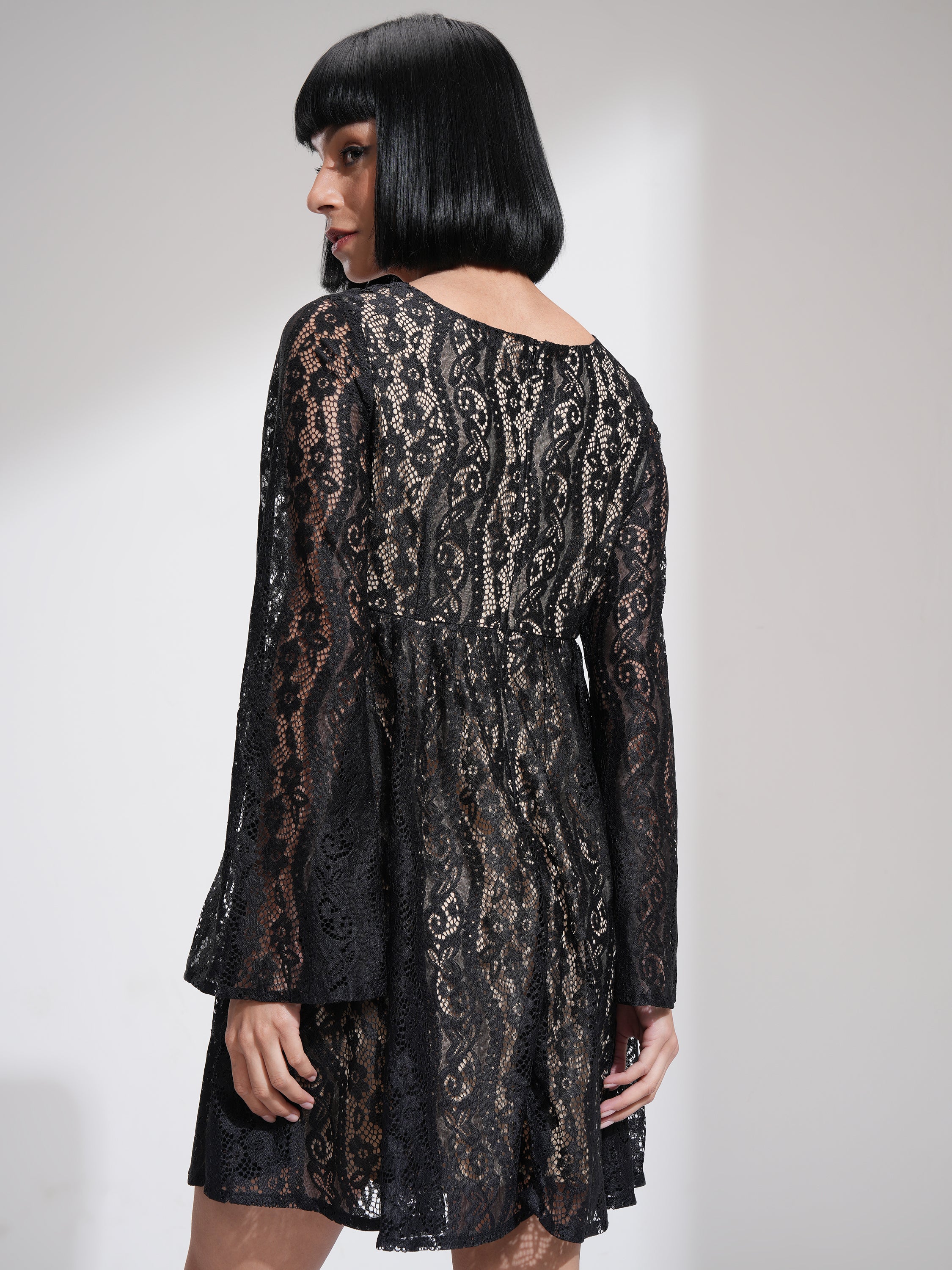 Tokyo Talkies Women Black Self Design Fit And Flare Dress - Black - Image 3