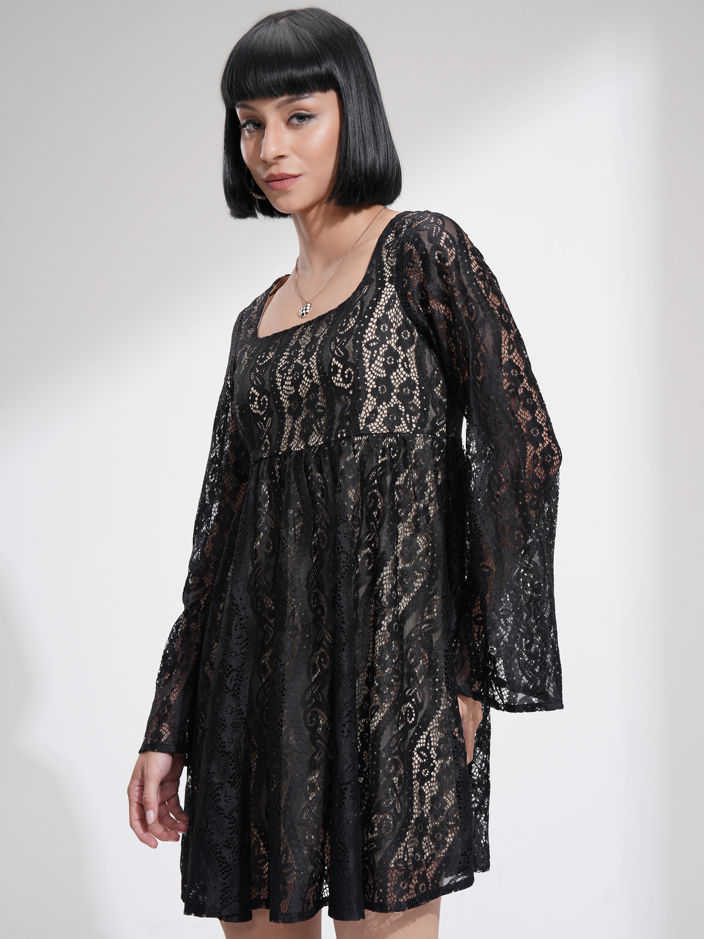 Tokyo Talkies Women Black Self Design Fit And Flare Dress - Black - Image 4