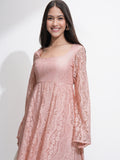 Tokyo Talkies Women Pink Self Design Fit and Flare Dress - Pink - Image 1