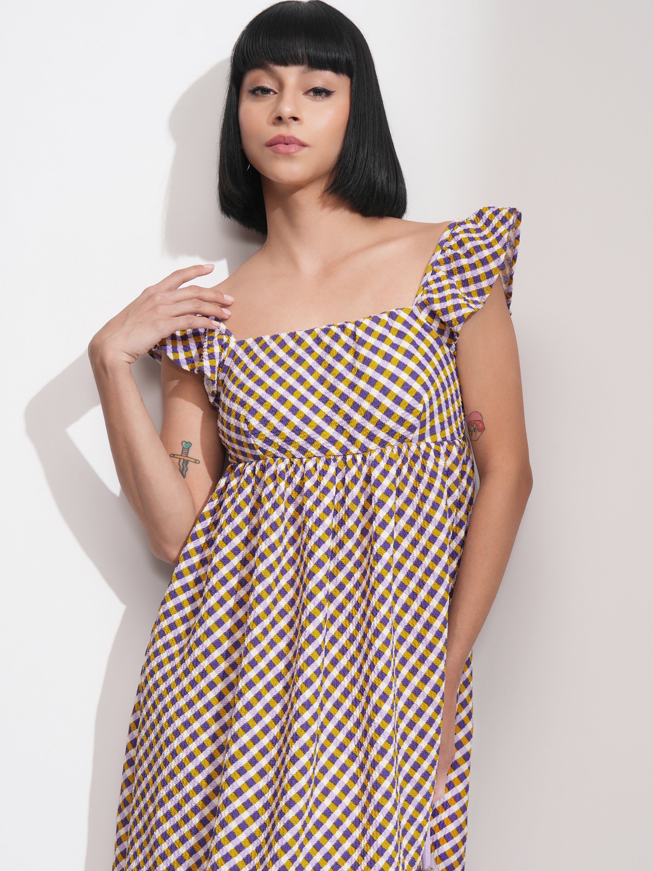 Tokyo Talkies Women Purple Checked Peplum Dress - Purple - Image 1