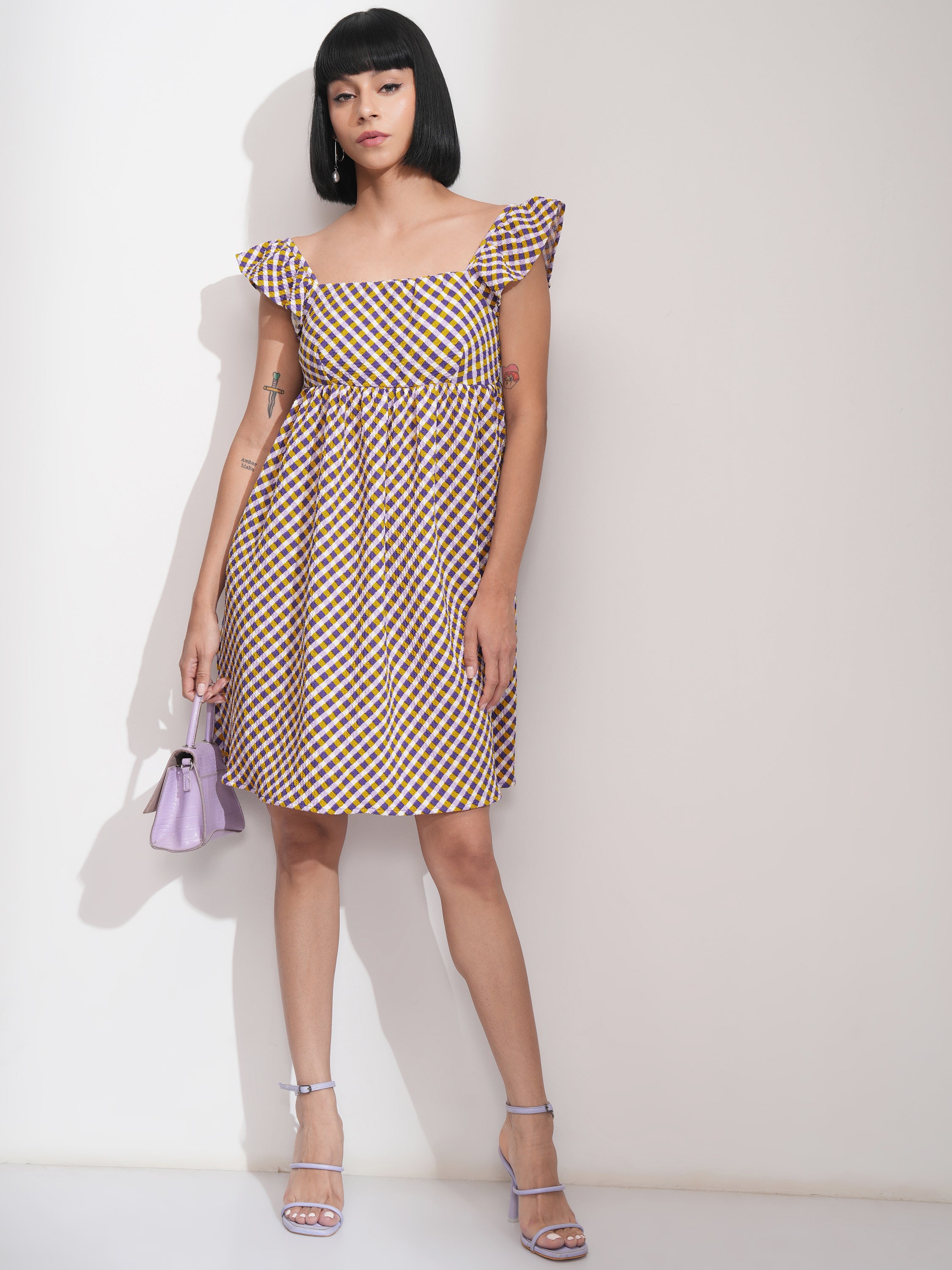 Tokyo Talkies Women Purple Checked Peplum Dress - Purple - Image 2