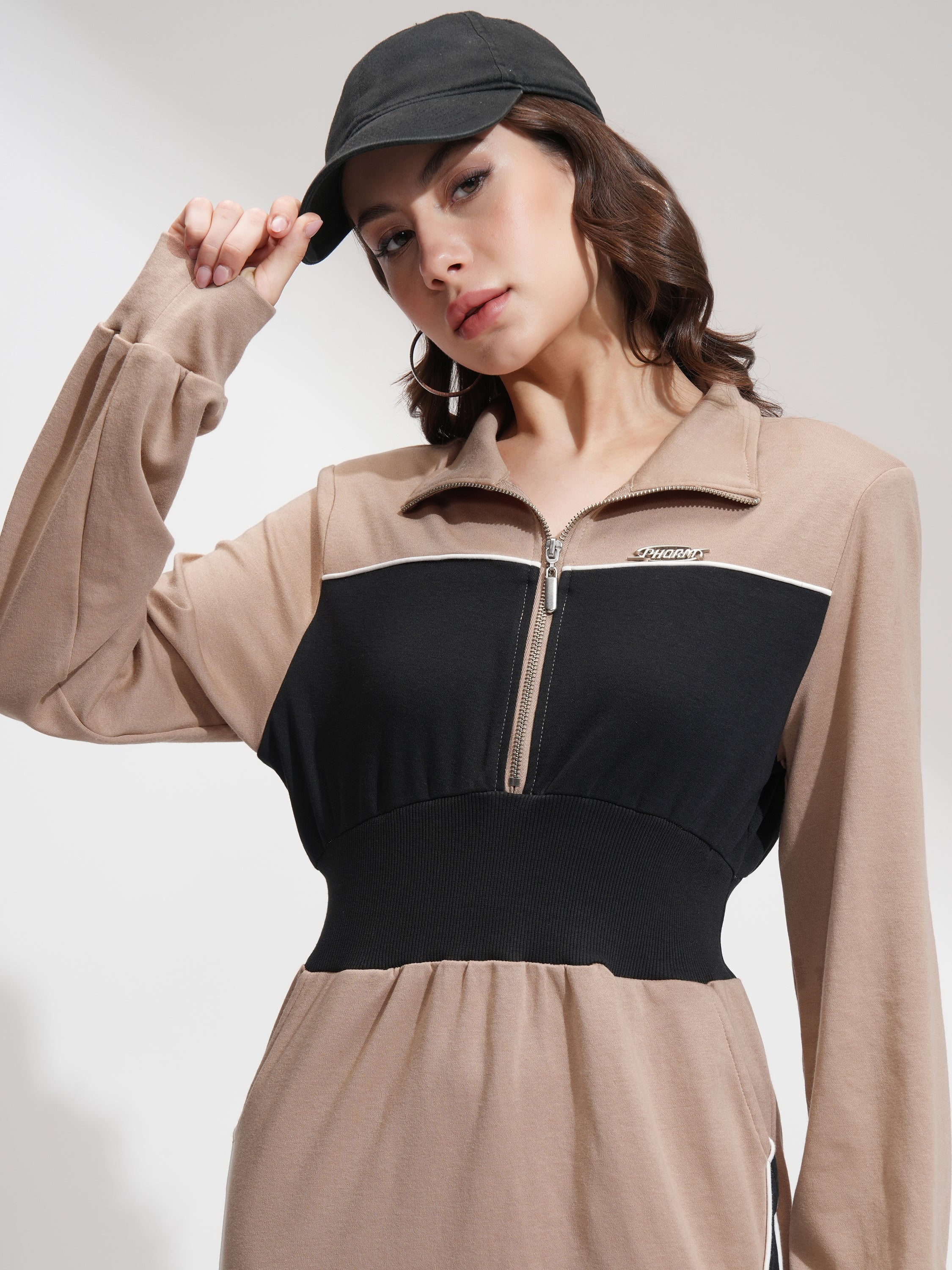 Tokyo Talkies Women Beige Colourblocked Fit And Flare Dress - Beige - Image 1
