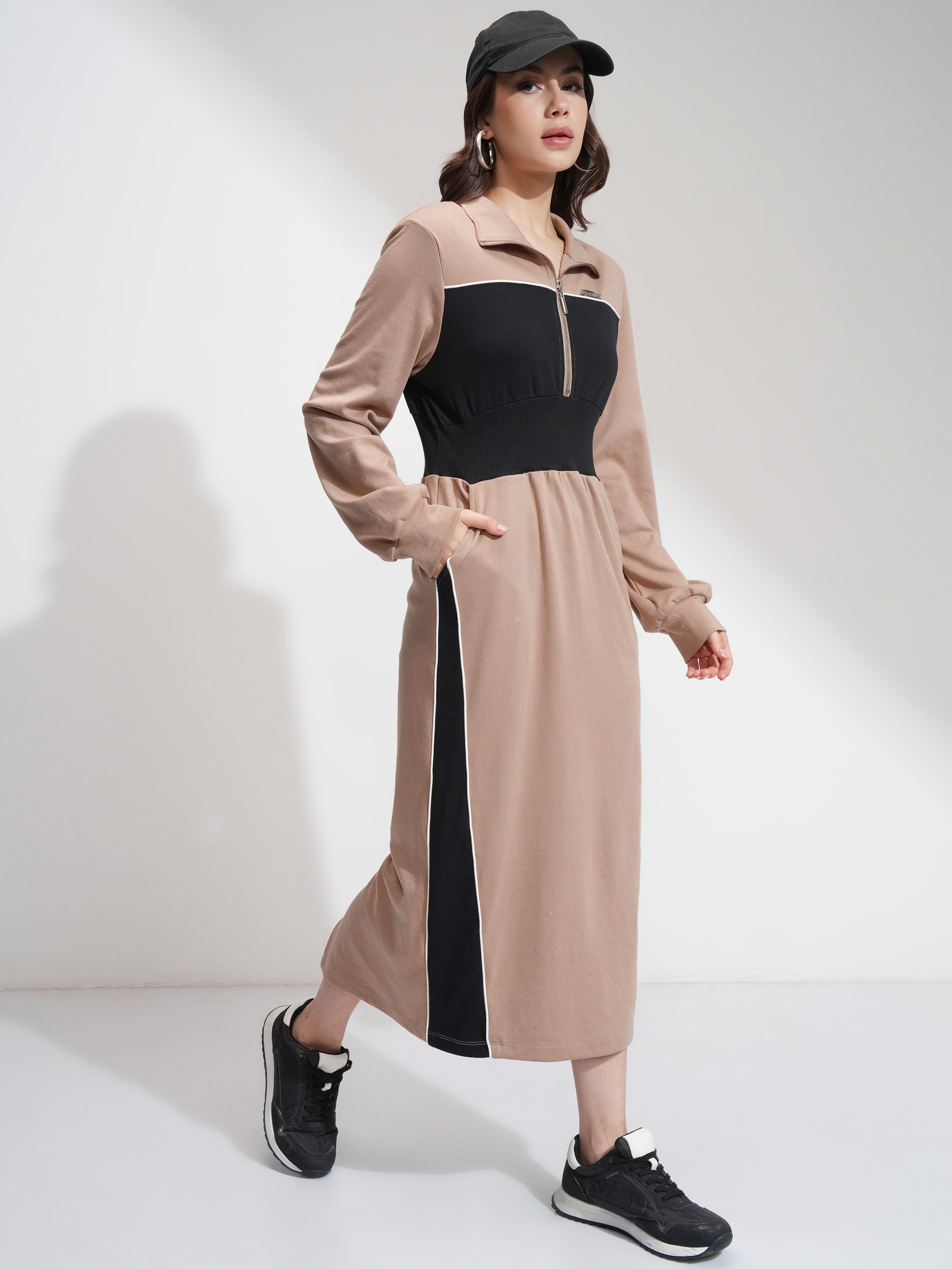Tokyo Talkies Women Beige Colourblocked Fit And Flare Dress - Beige - Image 2