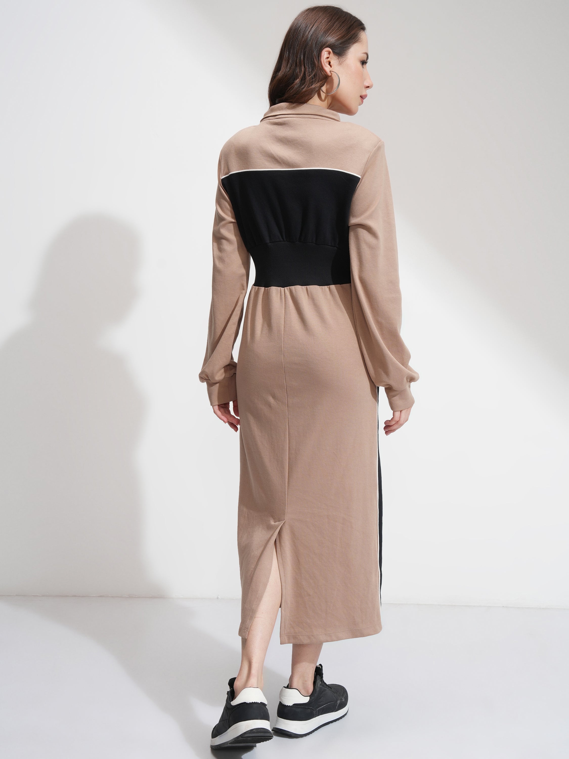 Tokyo Talkies Women Beige Colourblocked Fit And Flare Dress - Beige - Image 3