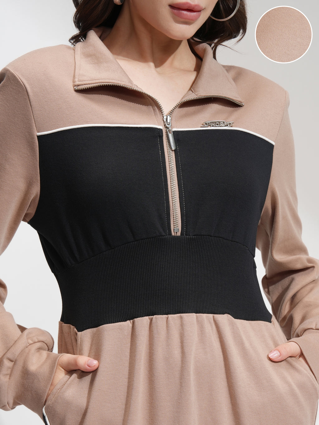 Tokyo Talkies Women Beige Colourblocked Fit And Flare Dress - Beige - Image 5