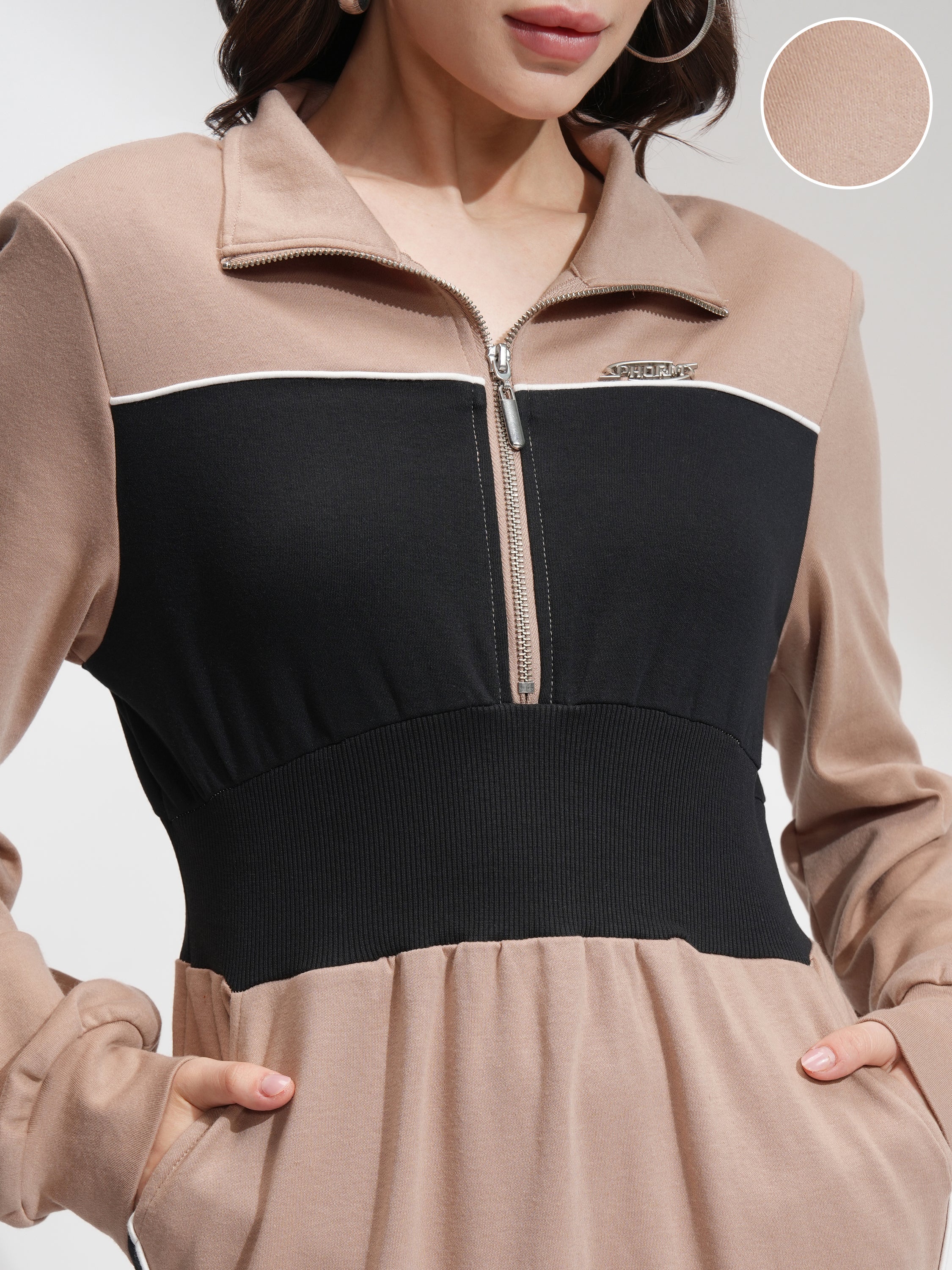 Tokyo Talkies Women Beige Colourblocked Fit And Flare Dress - Beige - Image 5