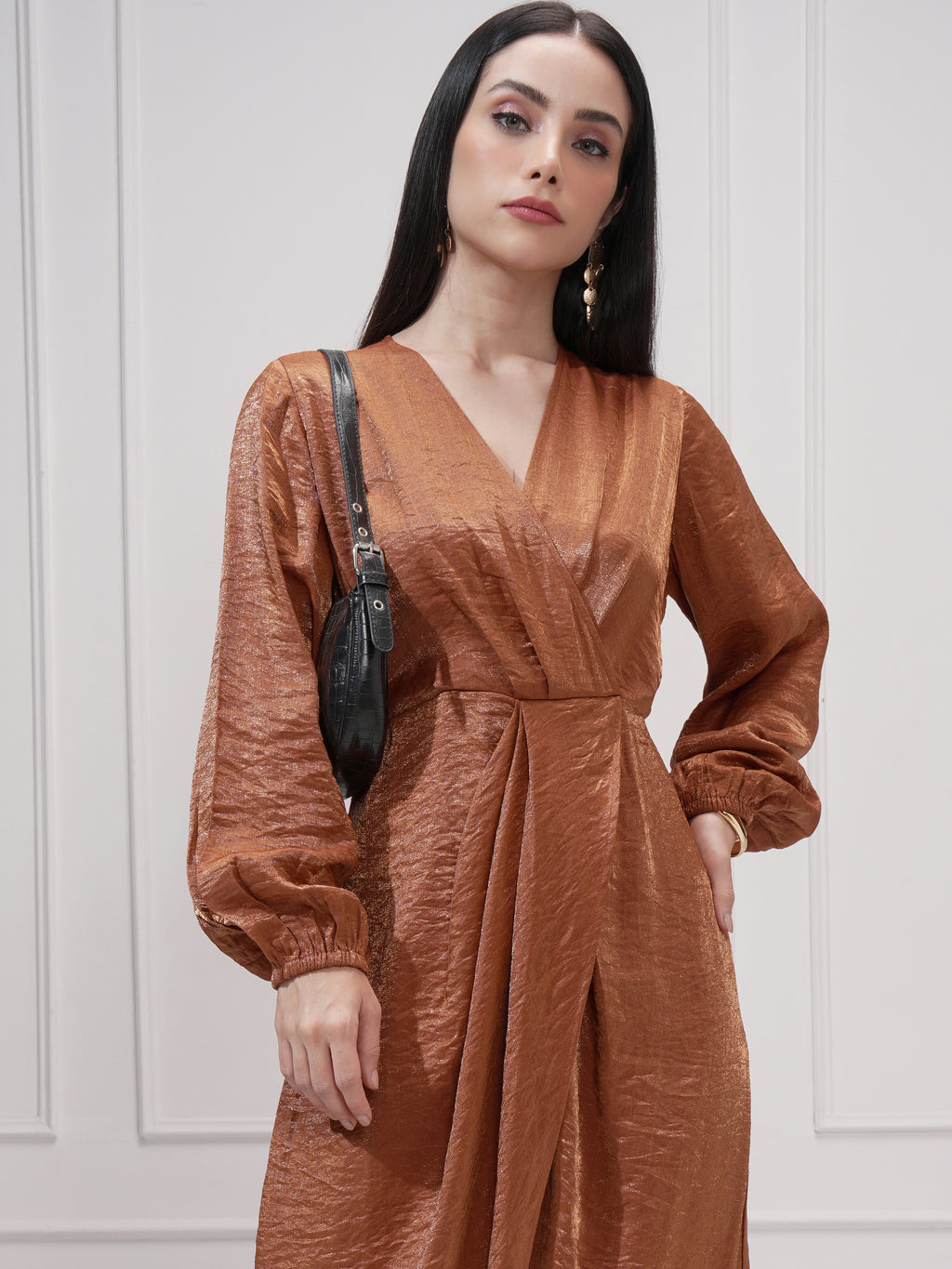 Tokyo Talkies Women Brown Self Design Wrap Dress - Brown - Image 1