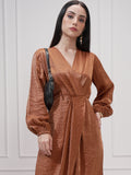 Tokyo Talkies Women Brown Self Design Wrap Dress - Brown - Image 1