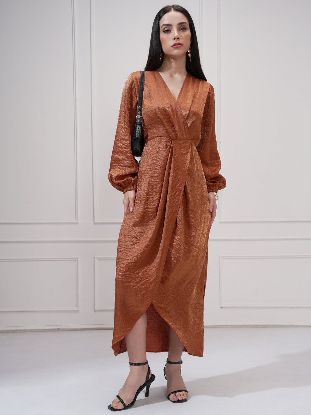 Tokyo Talkies Women Brown Self Design Wrap Dress - Brown - Image 2