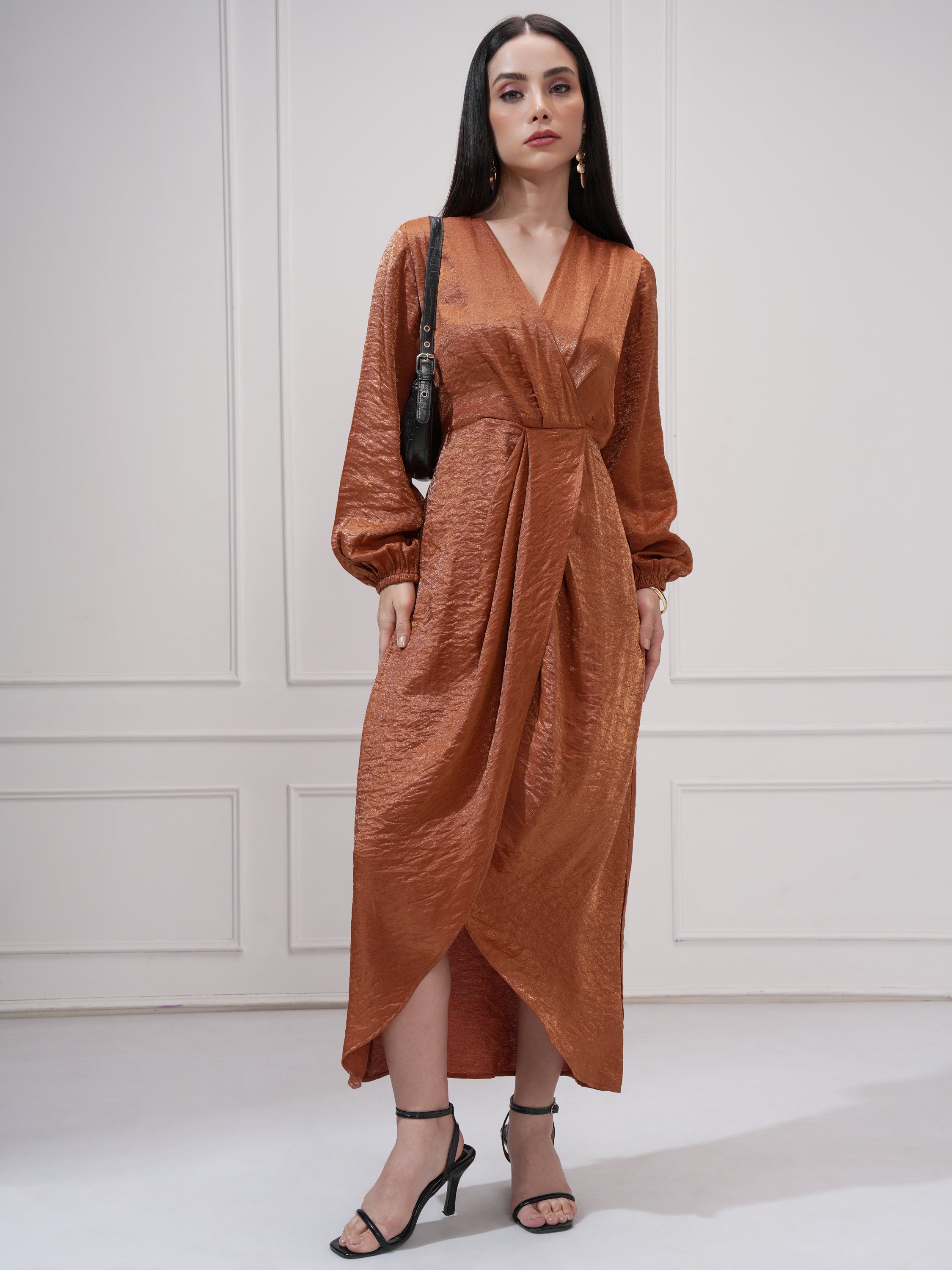 Tokyo Talkies Women Brown Self Design Wrap Dress - Brown - Image 2