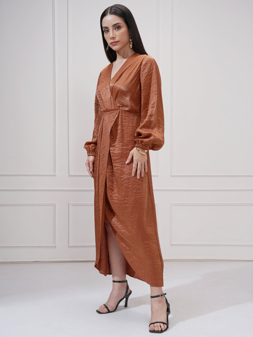 Tokyo Talkies Women Brown Self Design Wrap Dress - Brown - Image 4