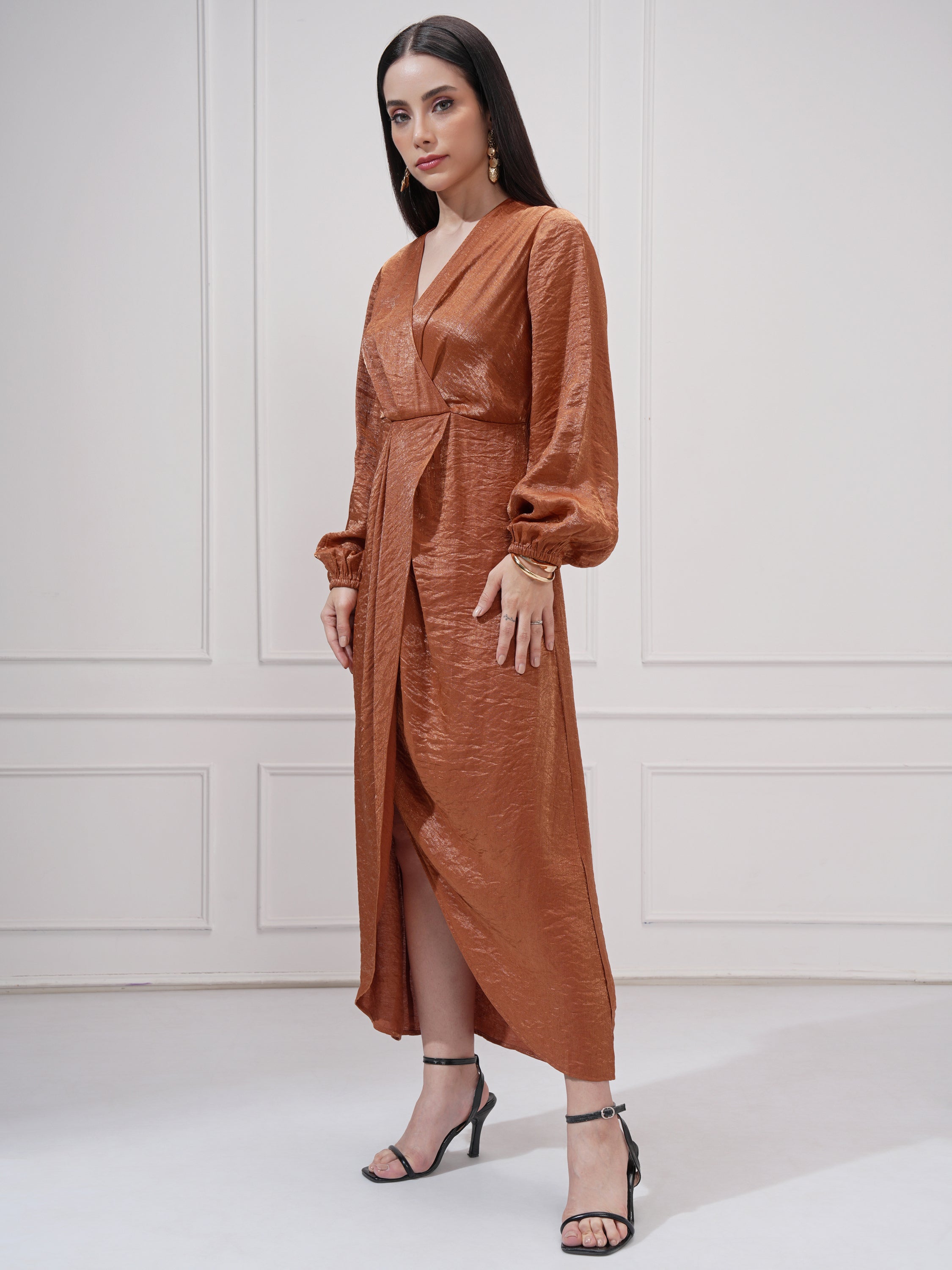 Tokyo Talkies Women Brown Self Design Wrap Dress - Brown - Image 4