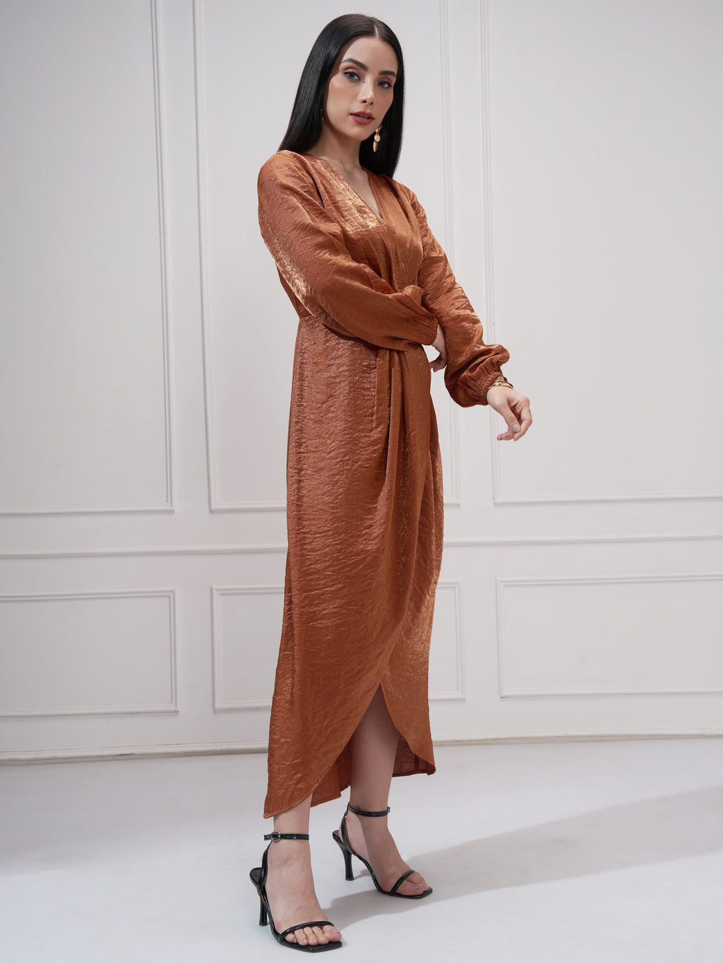 Tokyo Talkies Women Brown Self Design Wrap Dress - Brown - Image 6