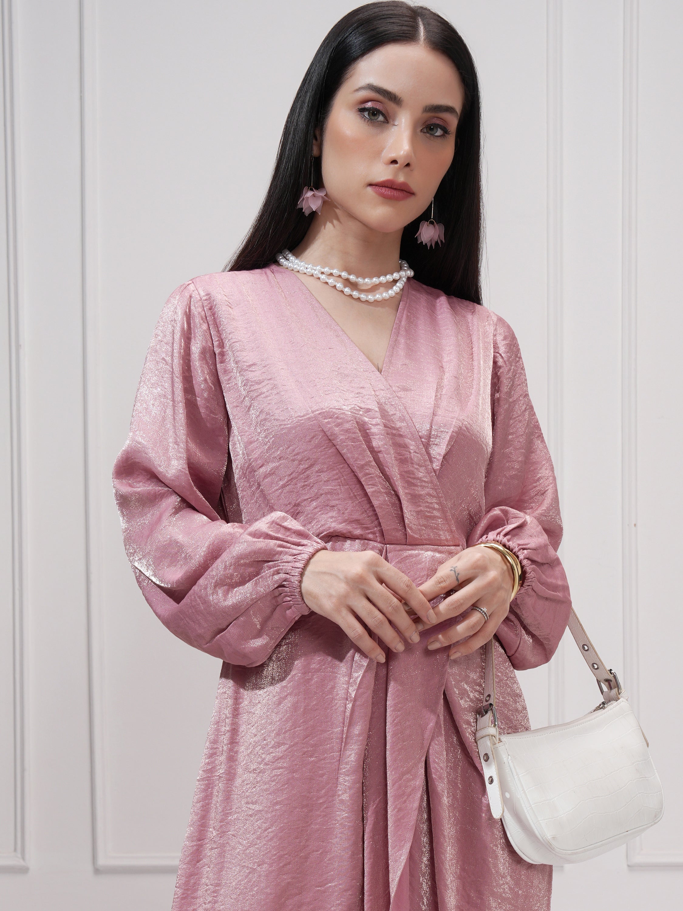 Tokyo Talkies Women Pink Self Design Wrap Dress - Pink - Image 1