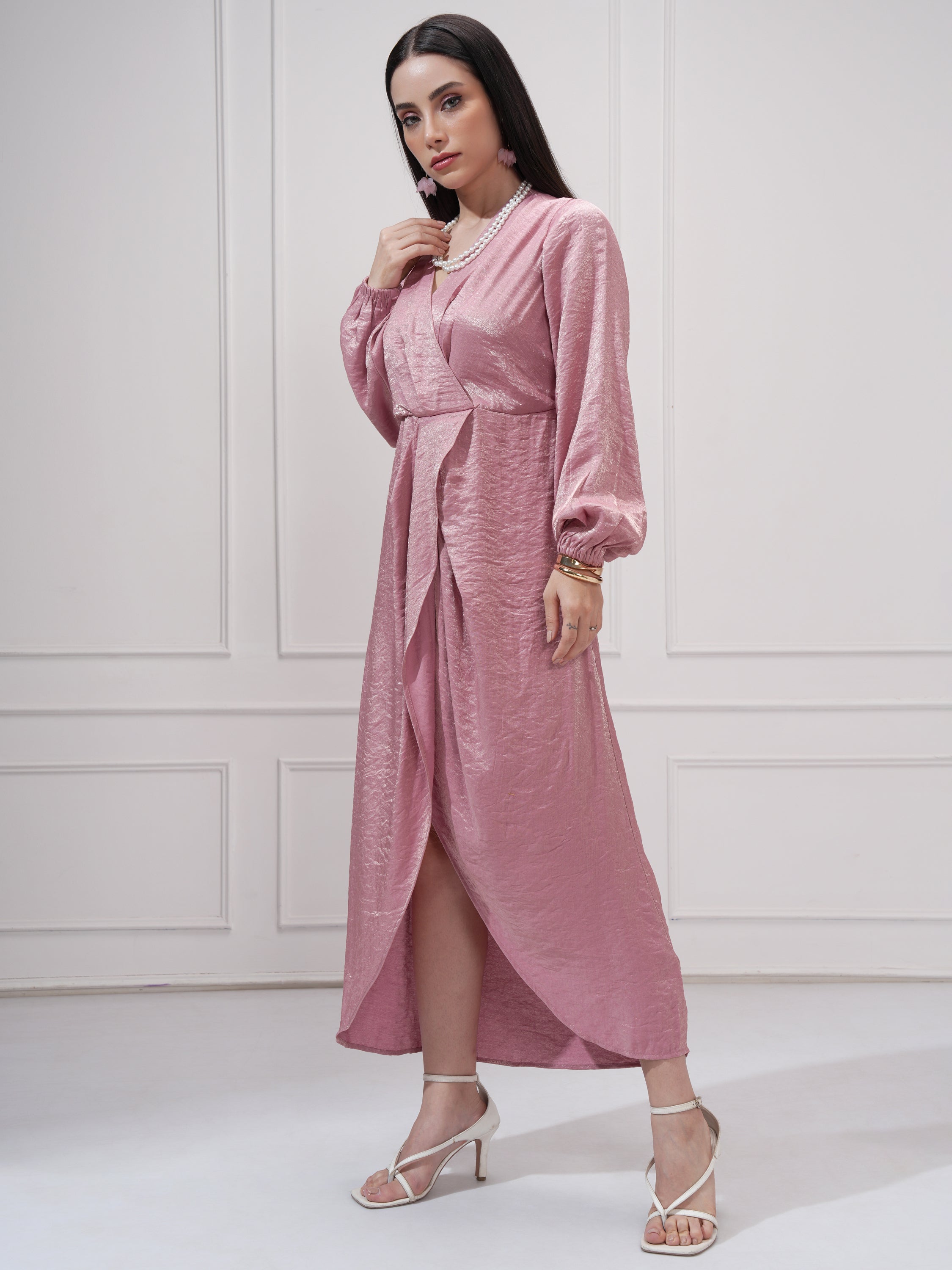 Tokyo Talkies Women Pink Self Design Wrap Dress - Pink - Image 4