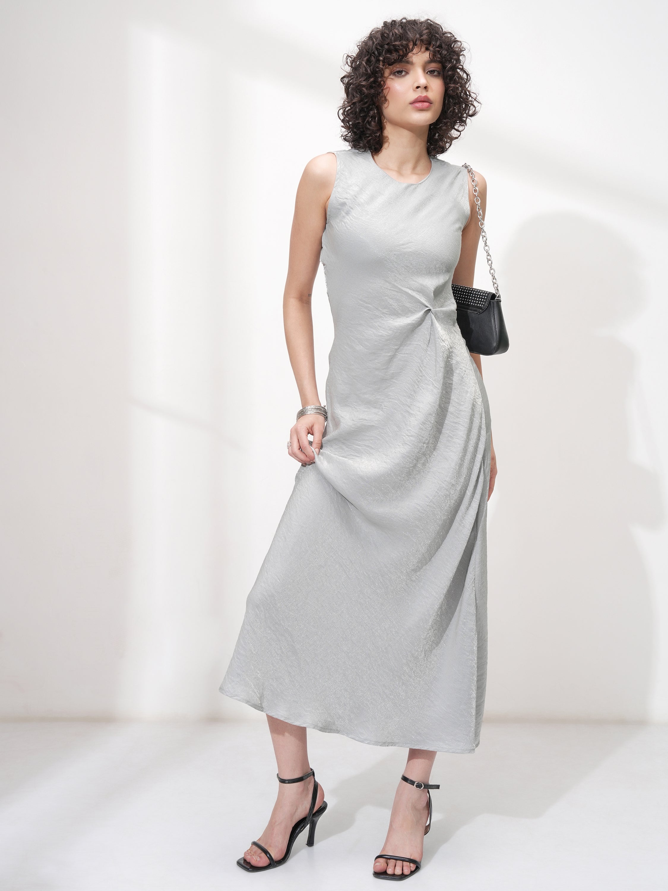 Tokyo Talkies Women Silver Solid Maxi Dress - Silver - Image 1