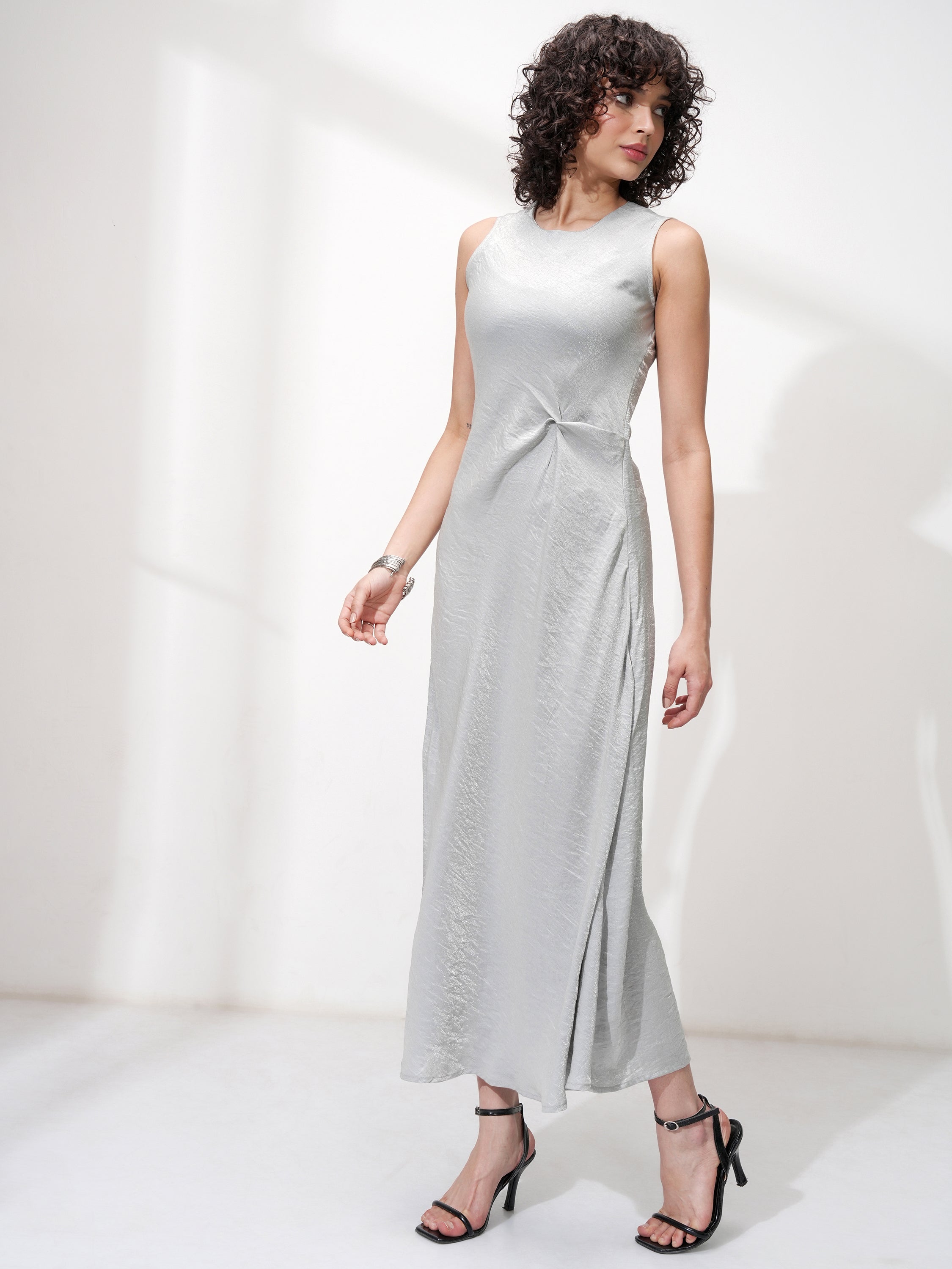 Tokyo Talkies Women Silver Solid Maxi Dress - Silver - Image 2