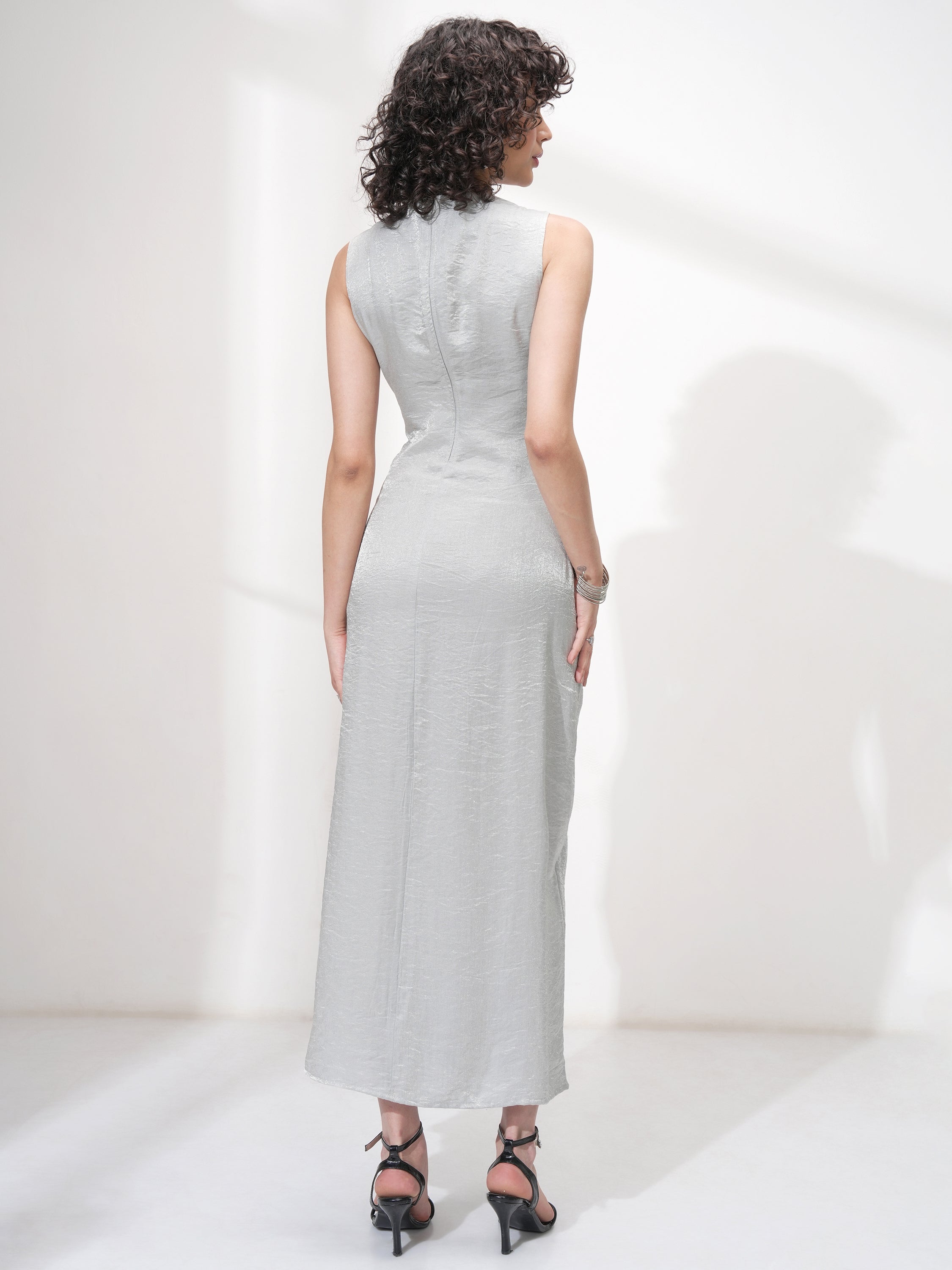 Tokyo Talkies Women Silver Solid Maxi Dress - Silver - Image 3