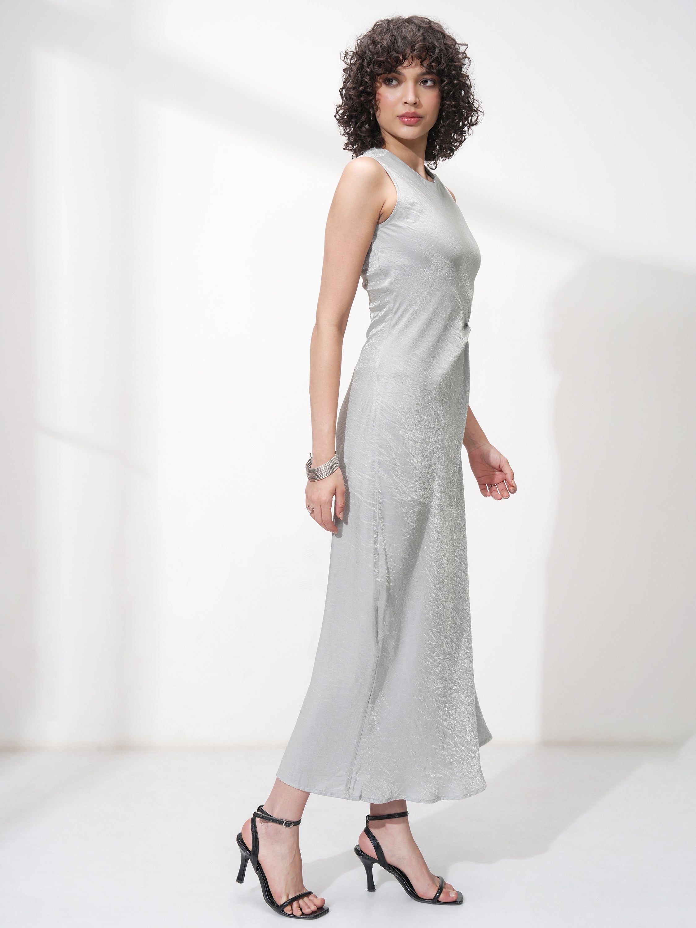 Tokyo Talkies Women Silver Solid Maxi Dress - Silver - Image 4