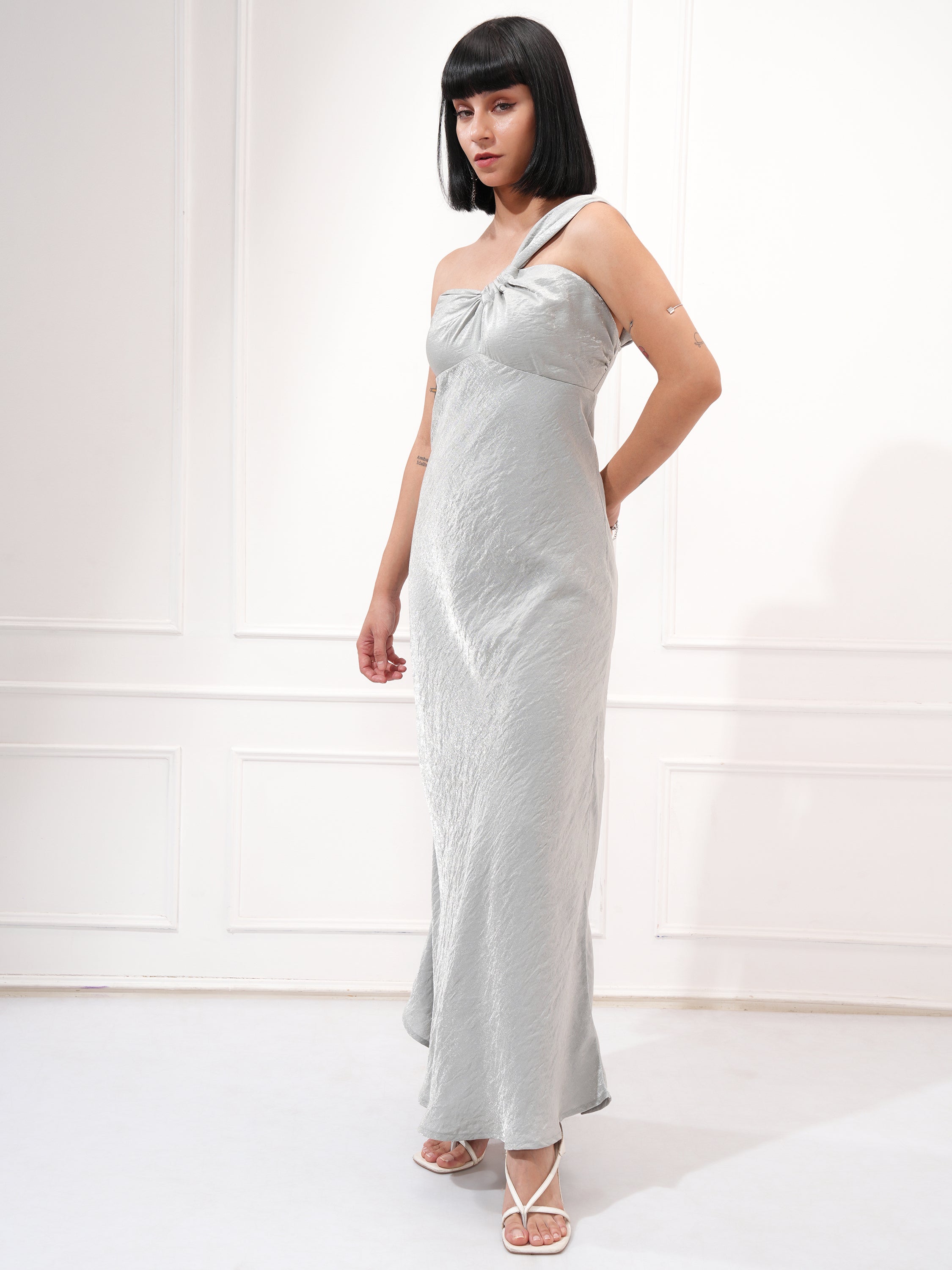 Tokyo Talkies Women Silver Solid Maxi Dress - Silver - Image 4