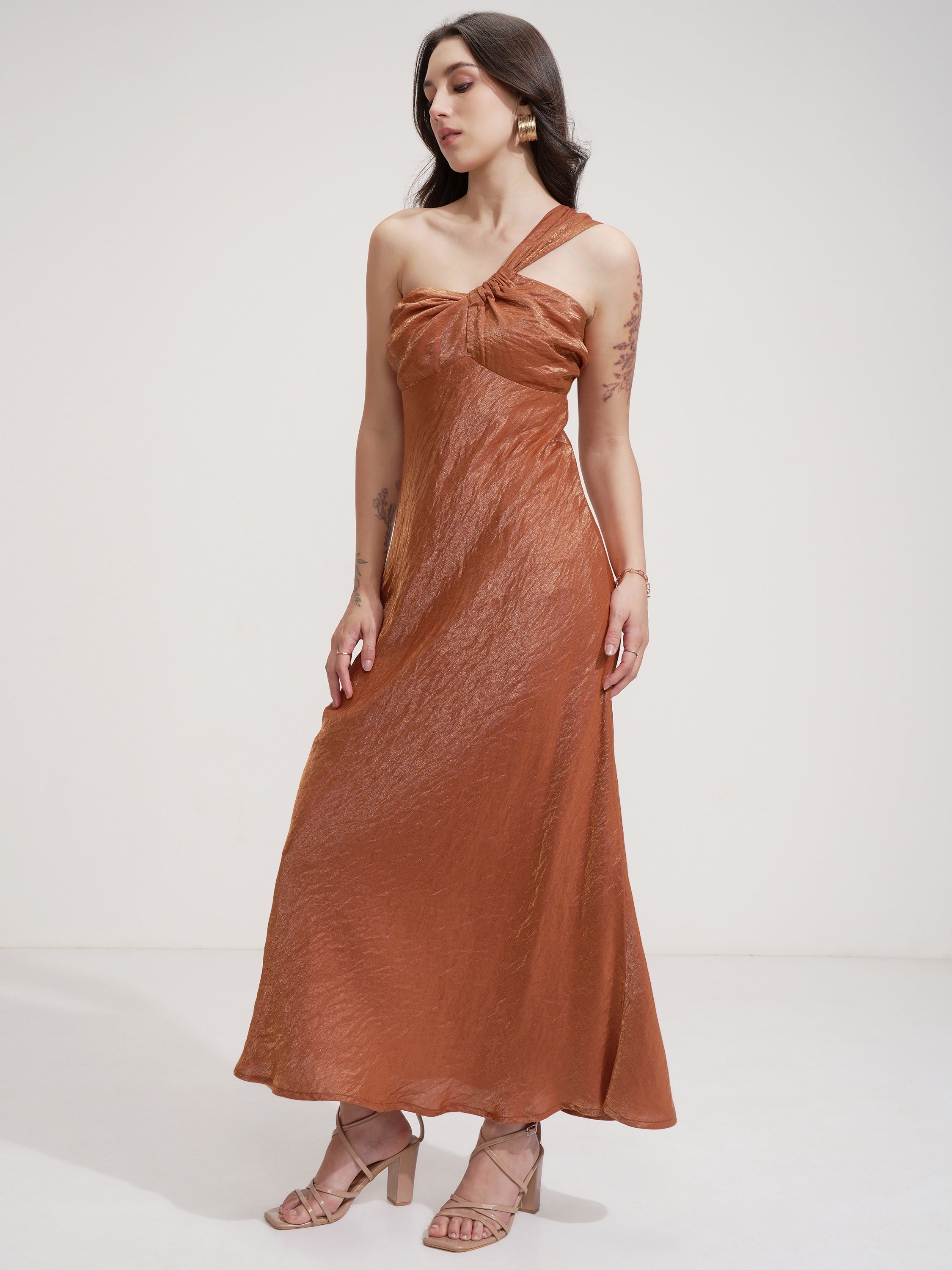 Tokyo Talkies Women Rust Self Design Maxi Dress - Rust - Image 4
