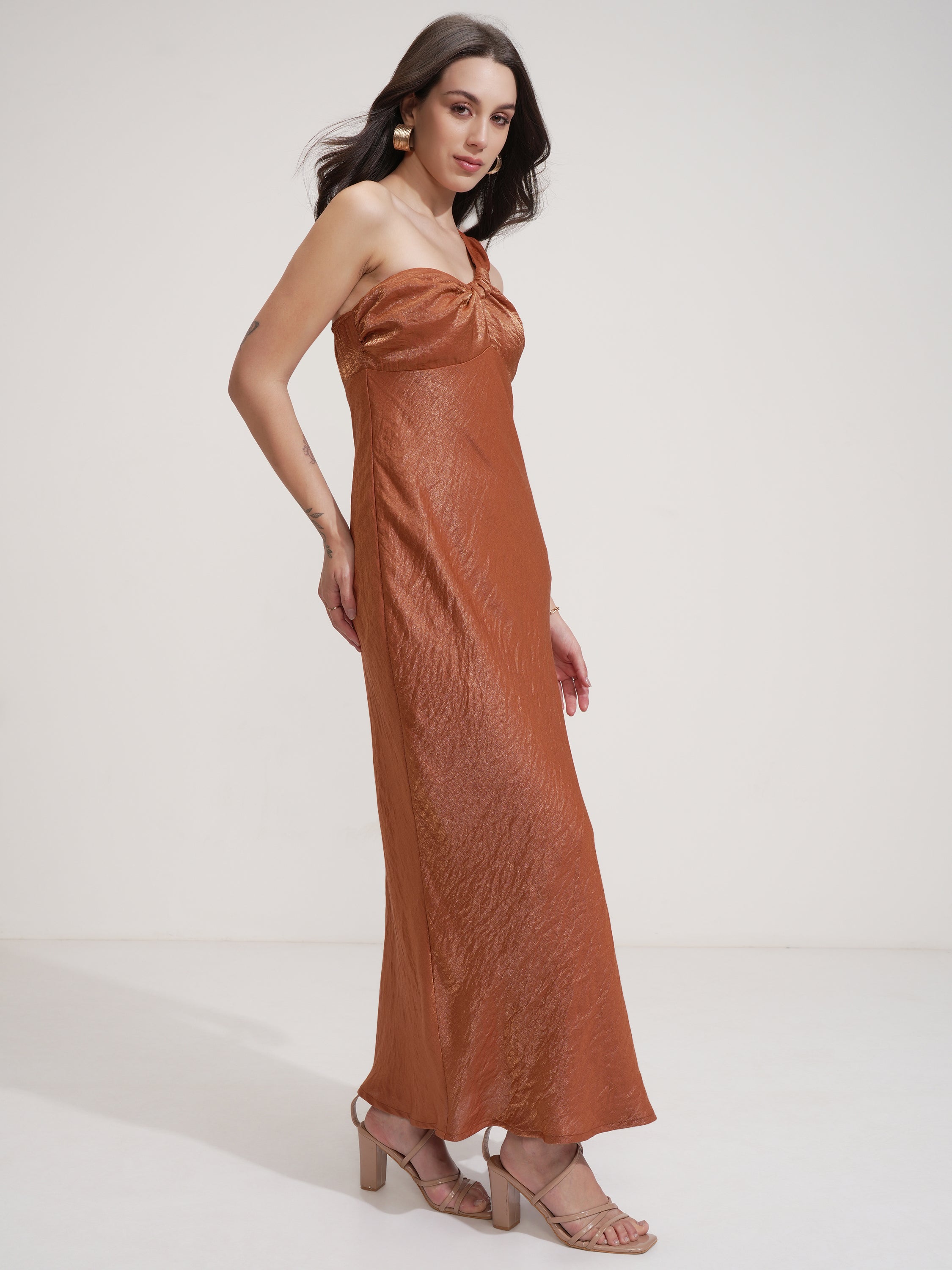 Tokyo Talkies Women Rust Self Design Maxi Dress - Rust - Image 6