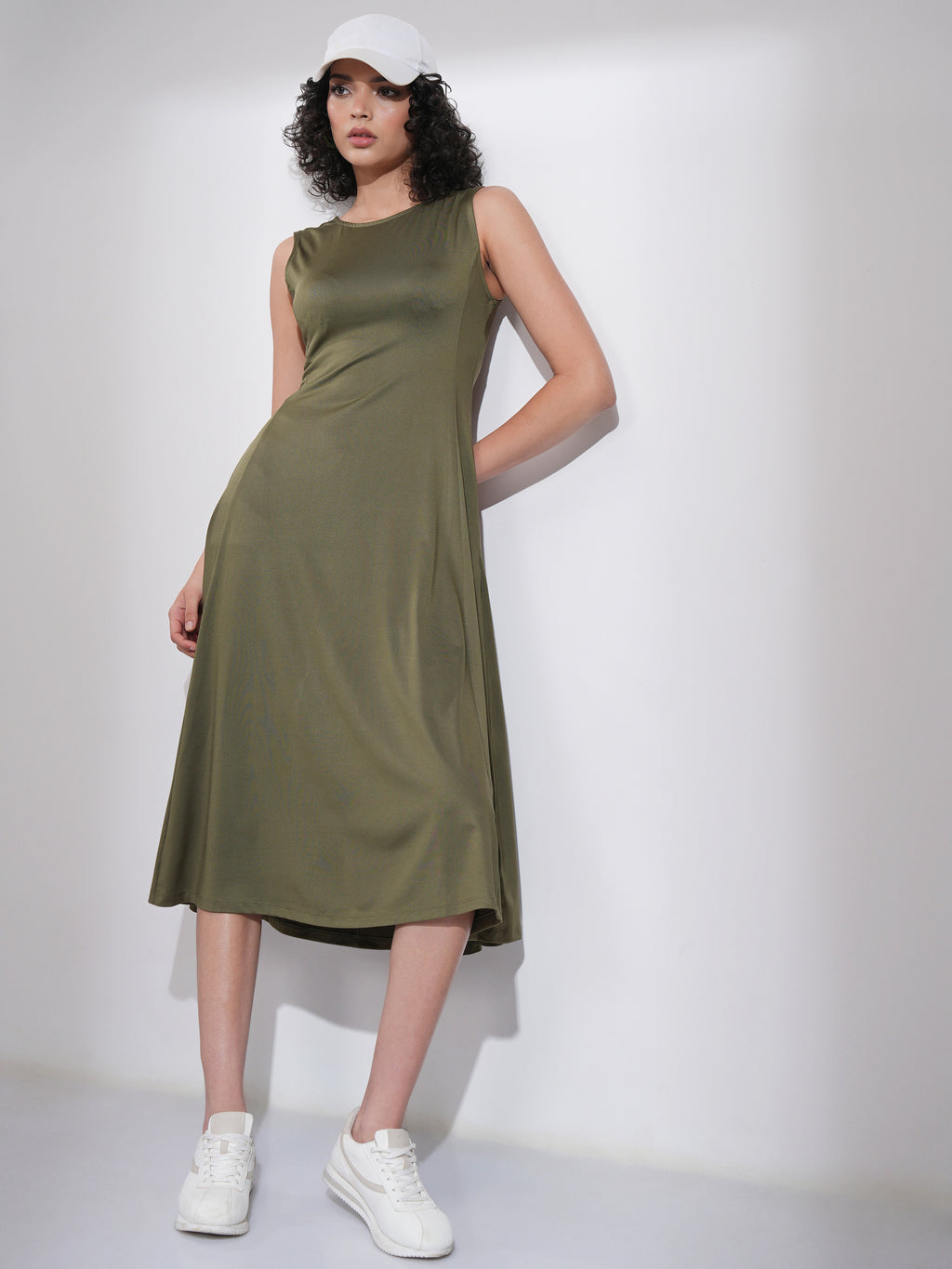 Tokyo Talkies Women Olive Solid Fit and Flare Dress - Olive - Image 2