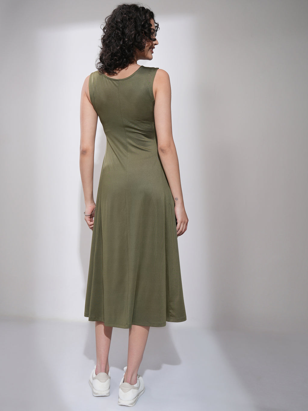 Tokyo Talkies Women Olive Solid Fit and Flare Dress - Olive - Image 3