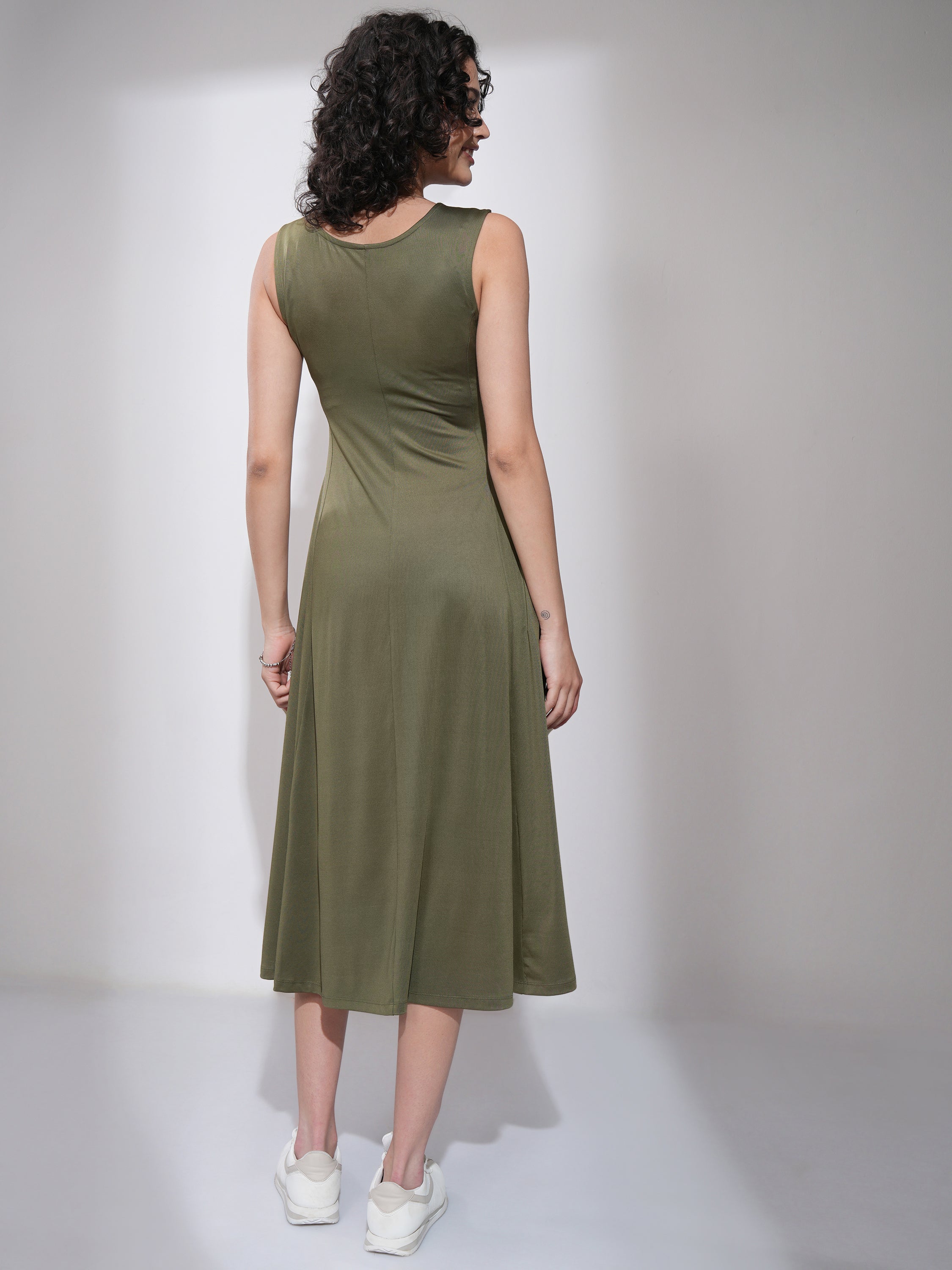 Tokyo Talkies Women Olive Solid Fit and Flare Dress - Olive - Image 3