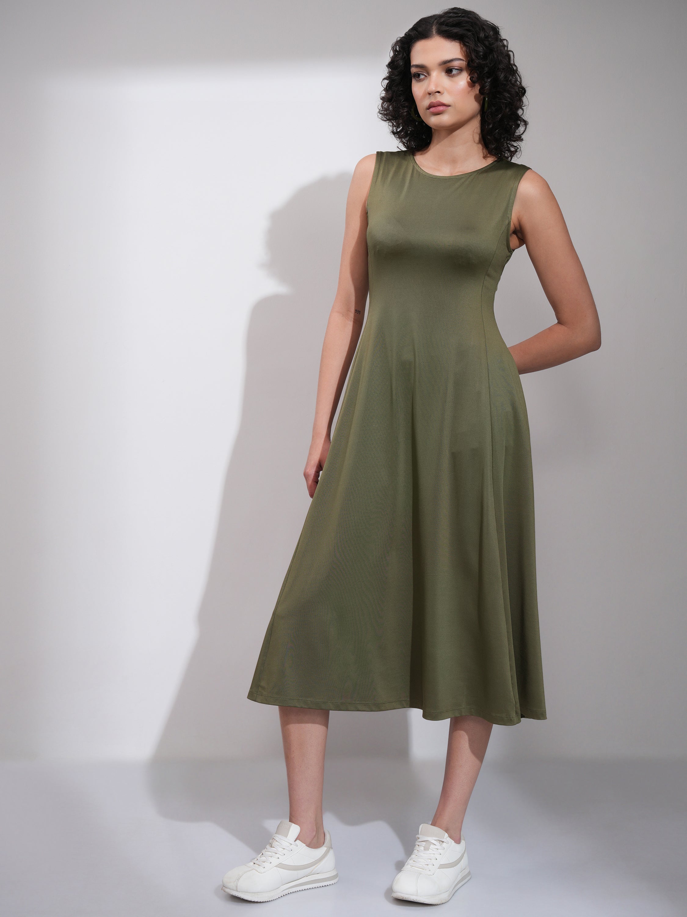 Tokyo Talkies Women Olive Solid Fit and Flare Dress - Olive - Image 4