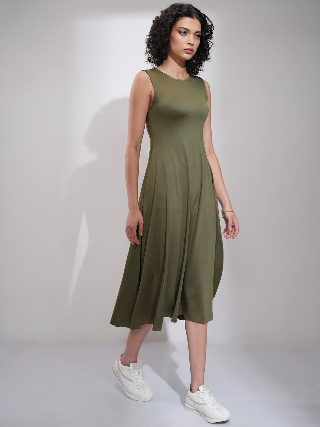 Tokyo Talkies Women Olive Solid Fit and Flare Dress - Olive - Image 6