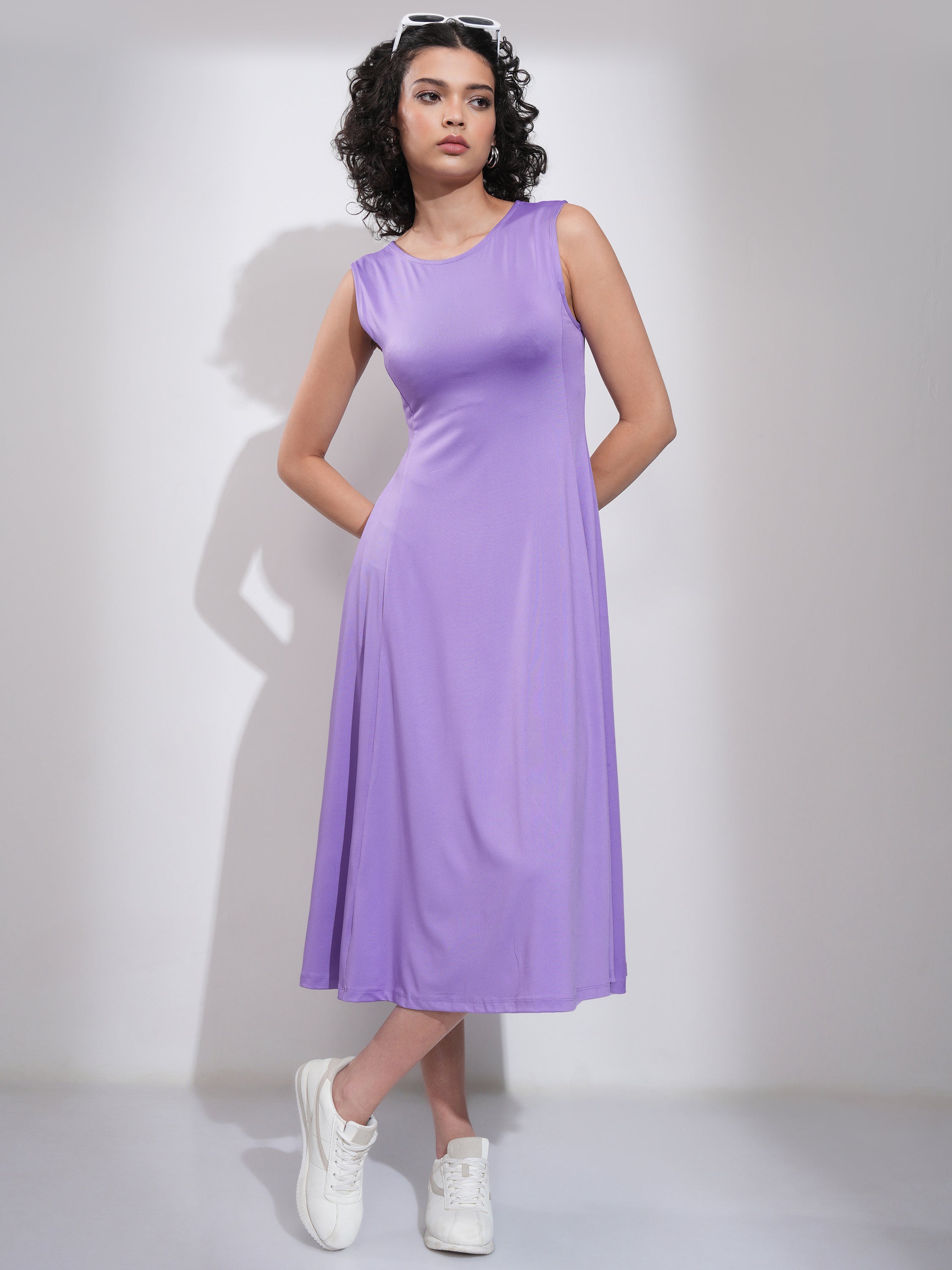 Tokyo Talkies Women Lavender Solid Fit and Flare Dress - Lavender - Image 2