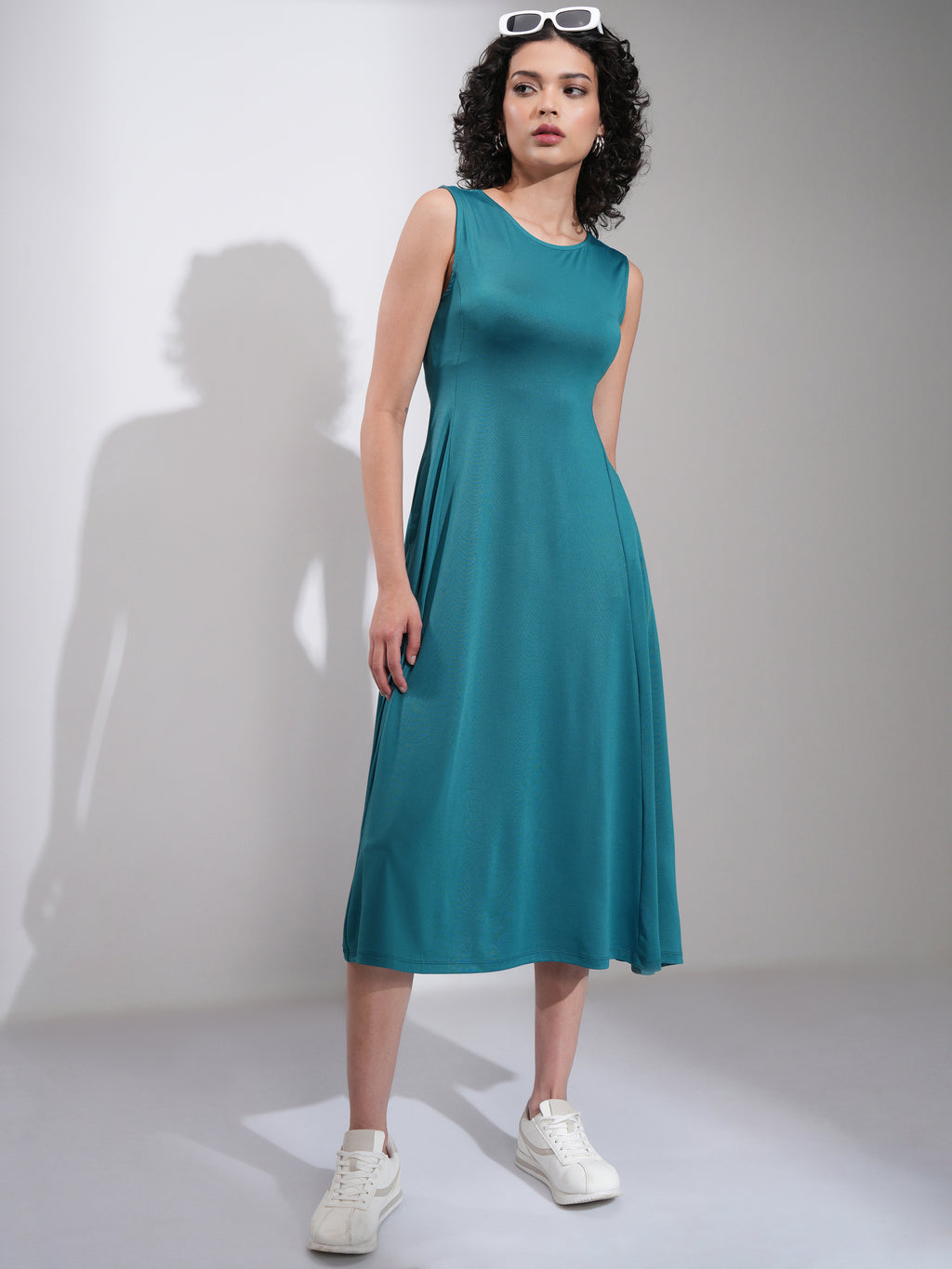 Tokyo Talkies Women Teal Solid Fit and Flare Dress - Teal - Image 2