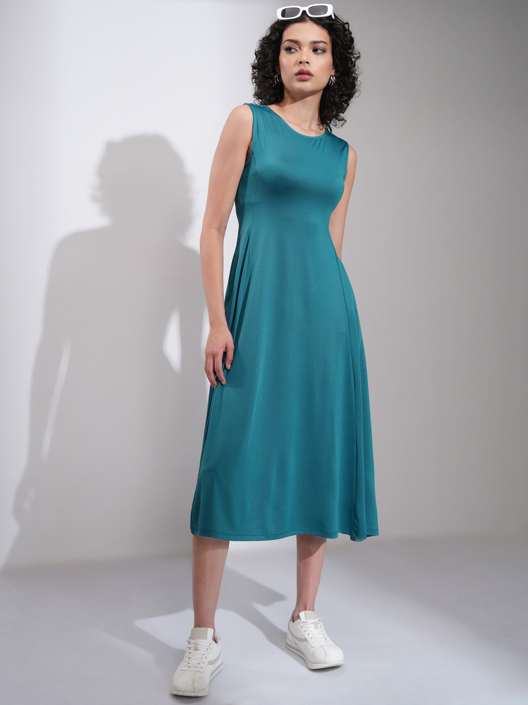 Tokyo Talkies Women Teal Solid Fit and Flare Dress - Teal - Image 2