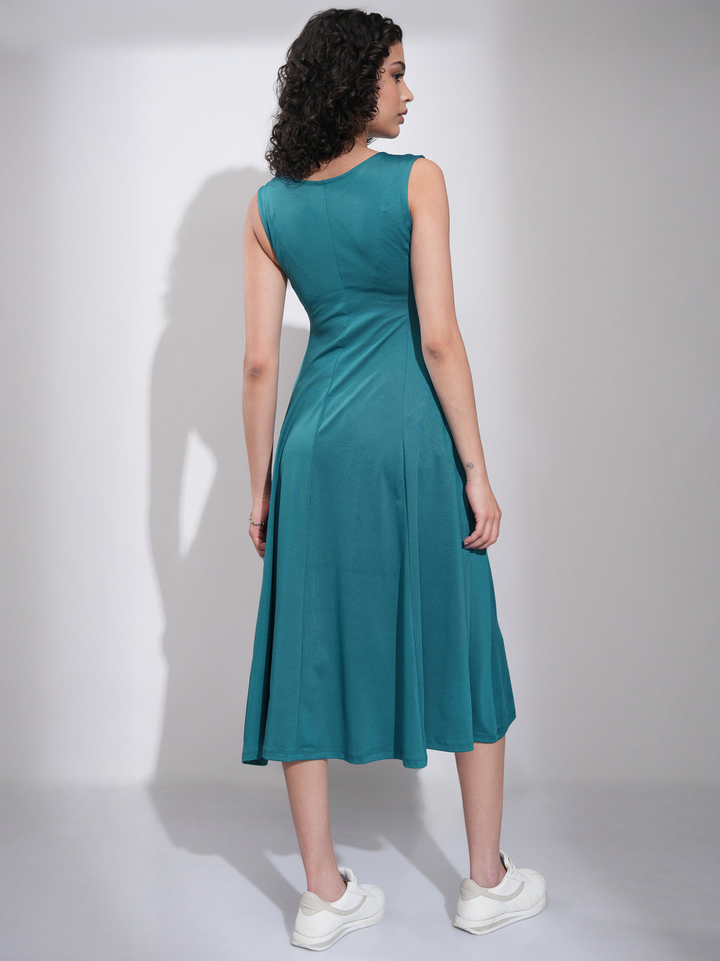 Tokyo Talkies Women Teal Solid Fit and Flare Dress - Teal - Image 3