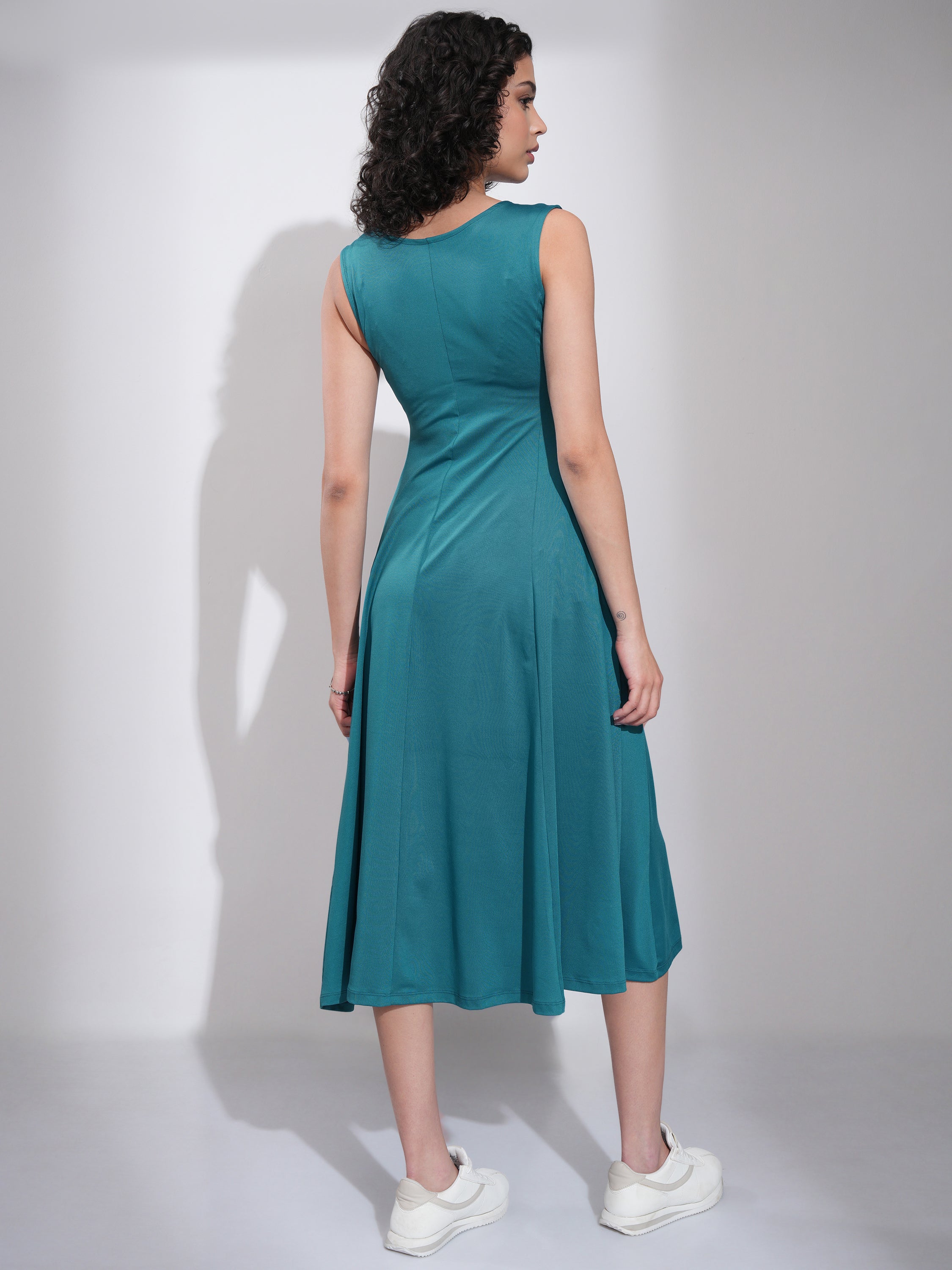 Tokyo Talkies Women Teal Solid Fit and Flare Dress - Teal - Image 3