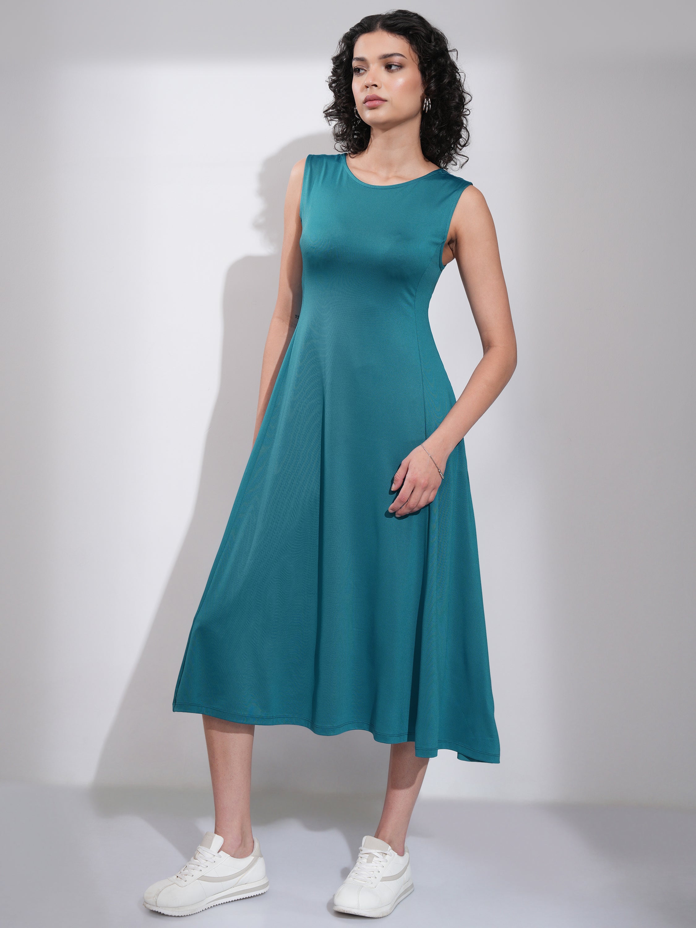 Tokyo Talkies Women Teal Solid Fit and Flare Dress - Teal - Image 4