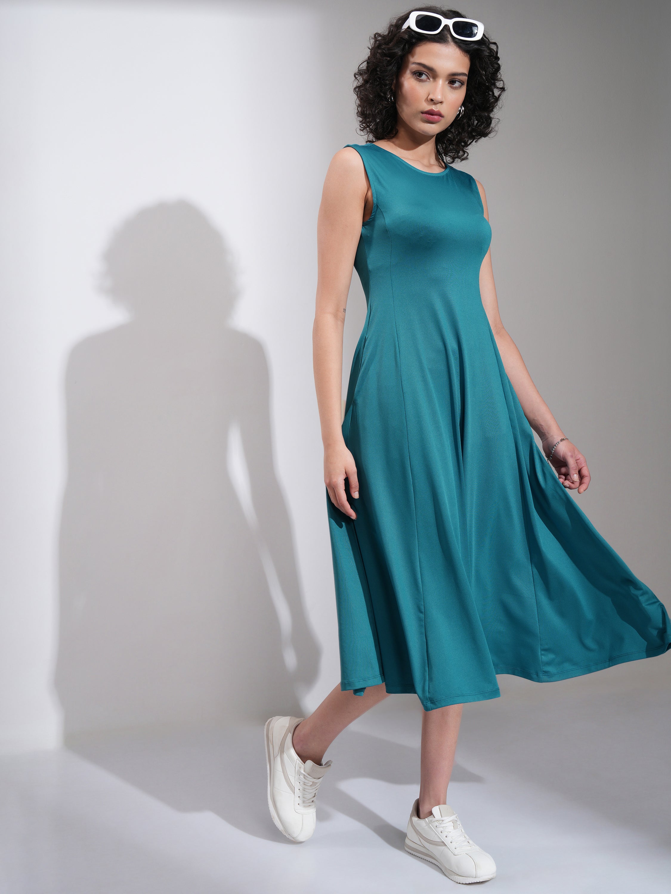 Tokyo Talkies Women Teal Solid Fit and Flare Dress - Teal - Image 6