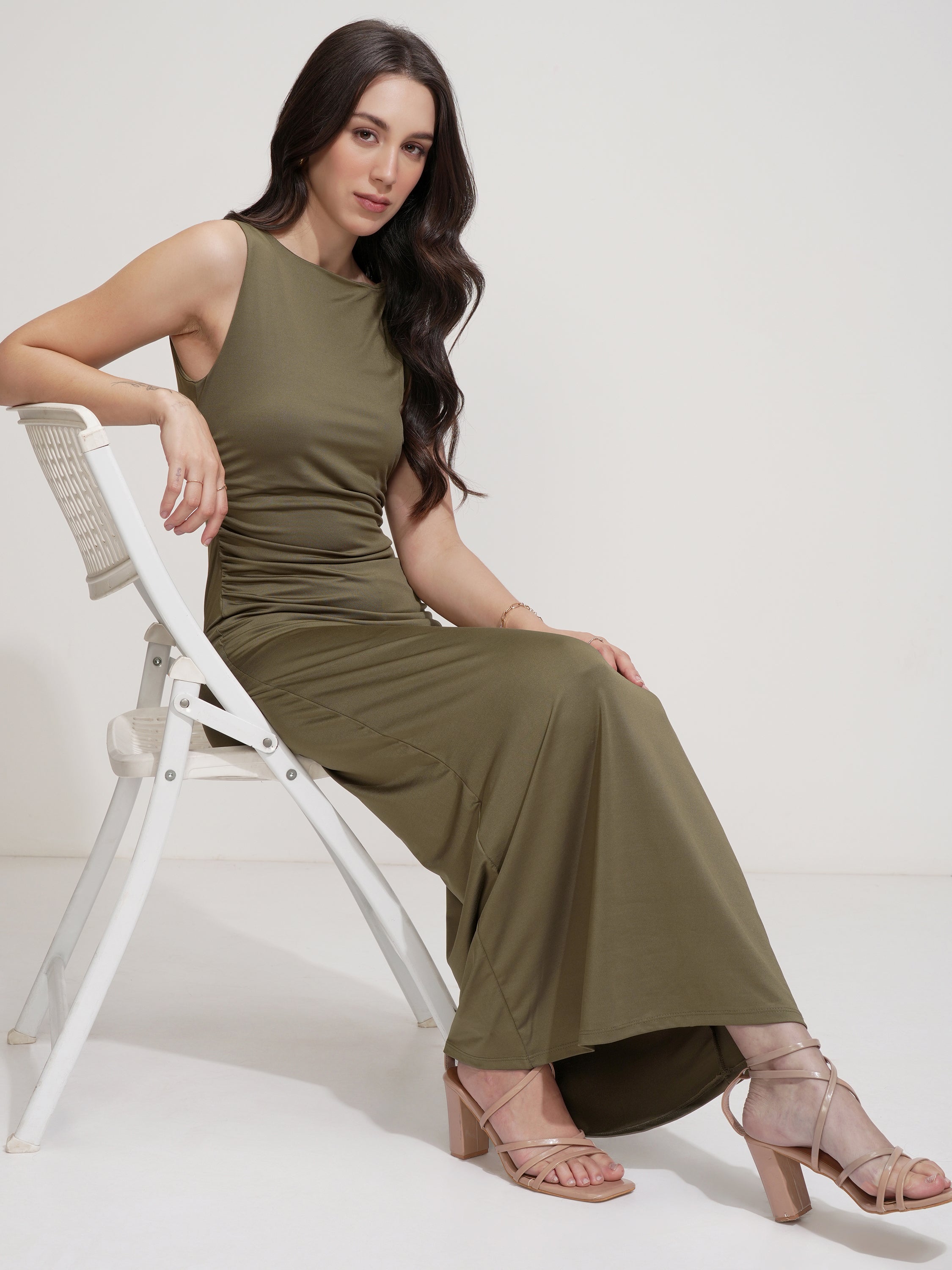 Tokyo Talkies Women Olive Solid Maxi Dress - Olive - Image 2