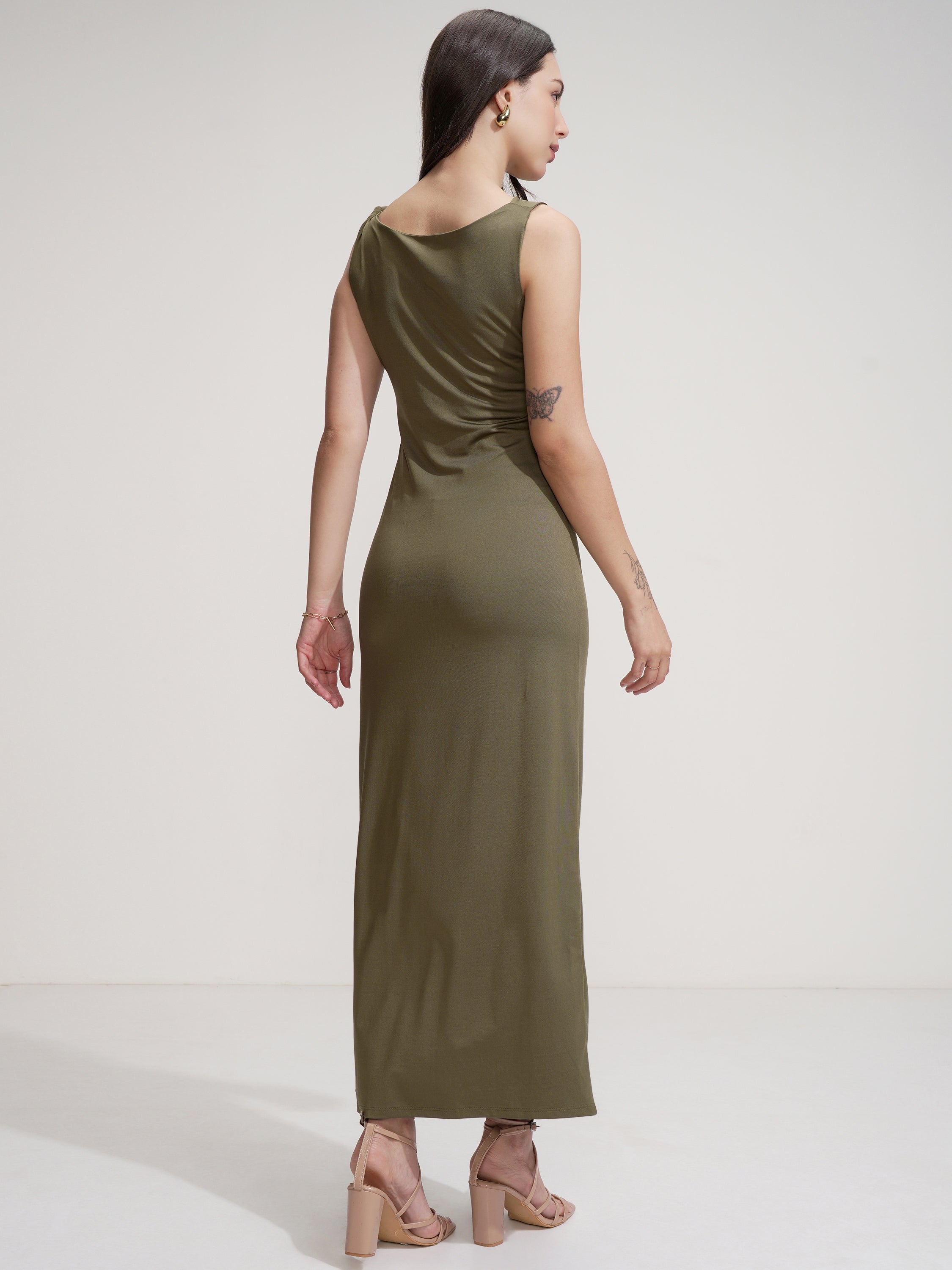 Tokyo Talkies Women Olive Solid Maxi Dress - Olive - Image 3
