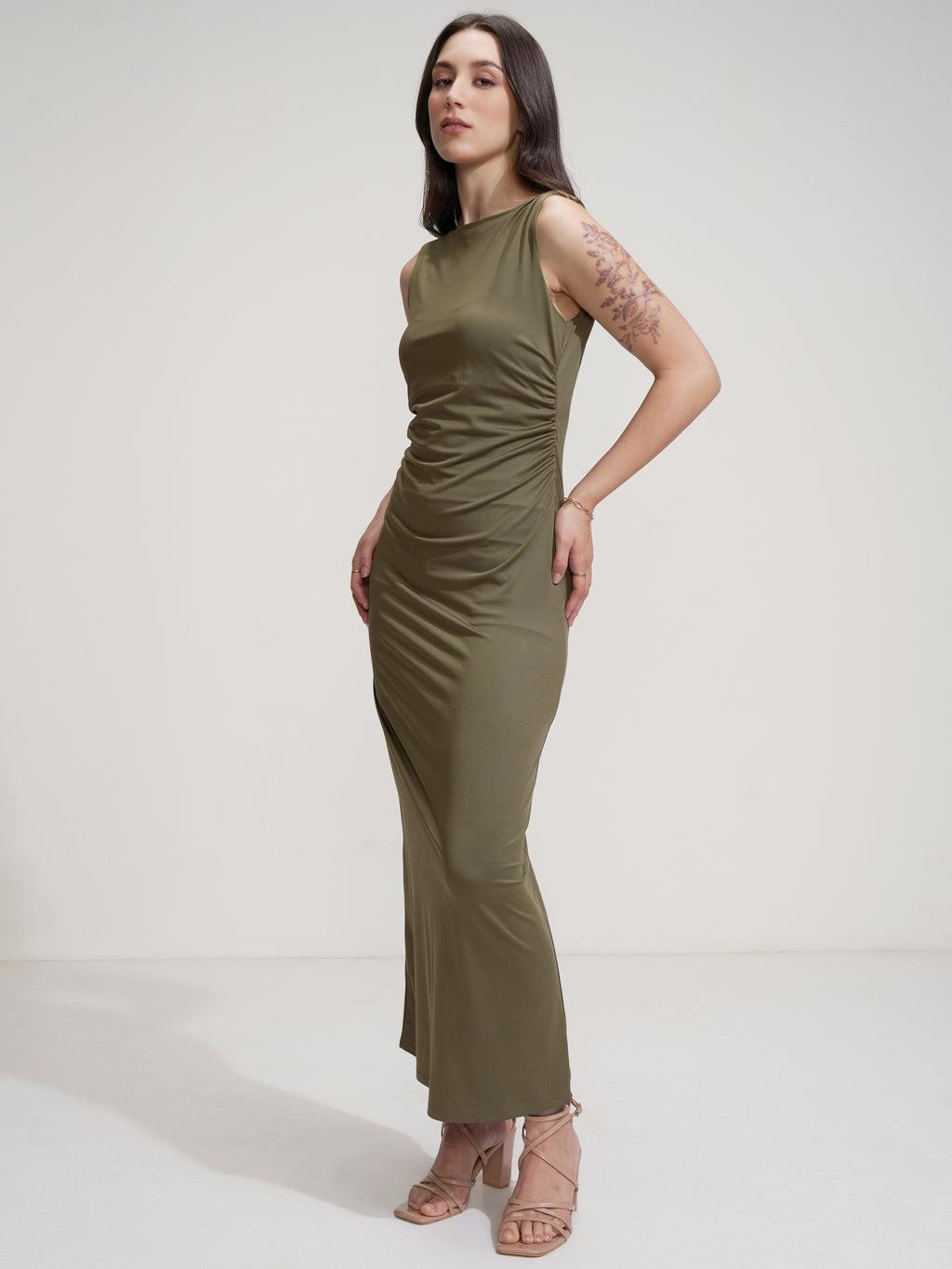 Tokyo Talkies Women Olive Solid Maxi Dress - Olive - Image 4