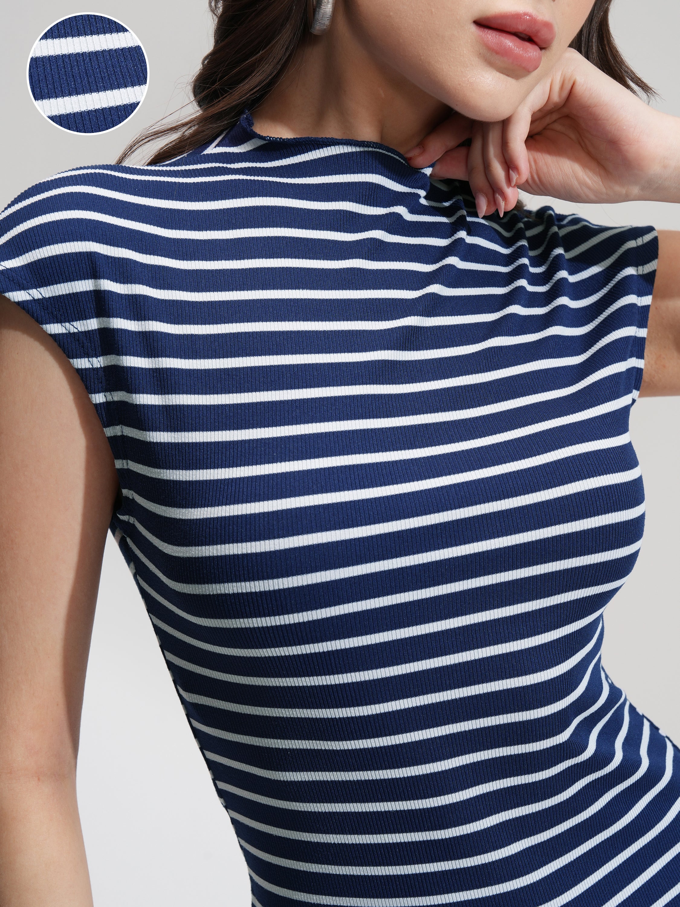 Tokyo Talkies Women Navy Blue Striped Bodycon Dress - Navy Blue - Image 5