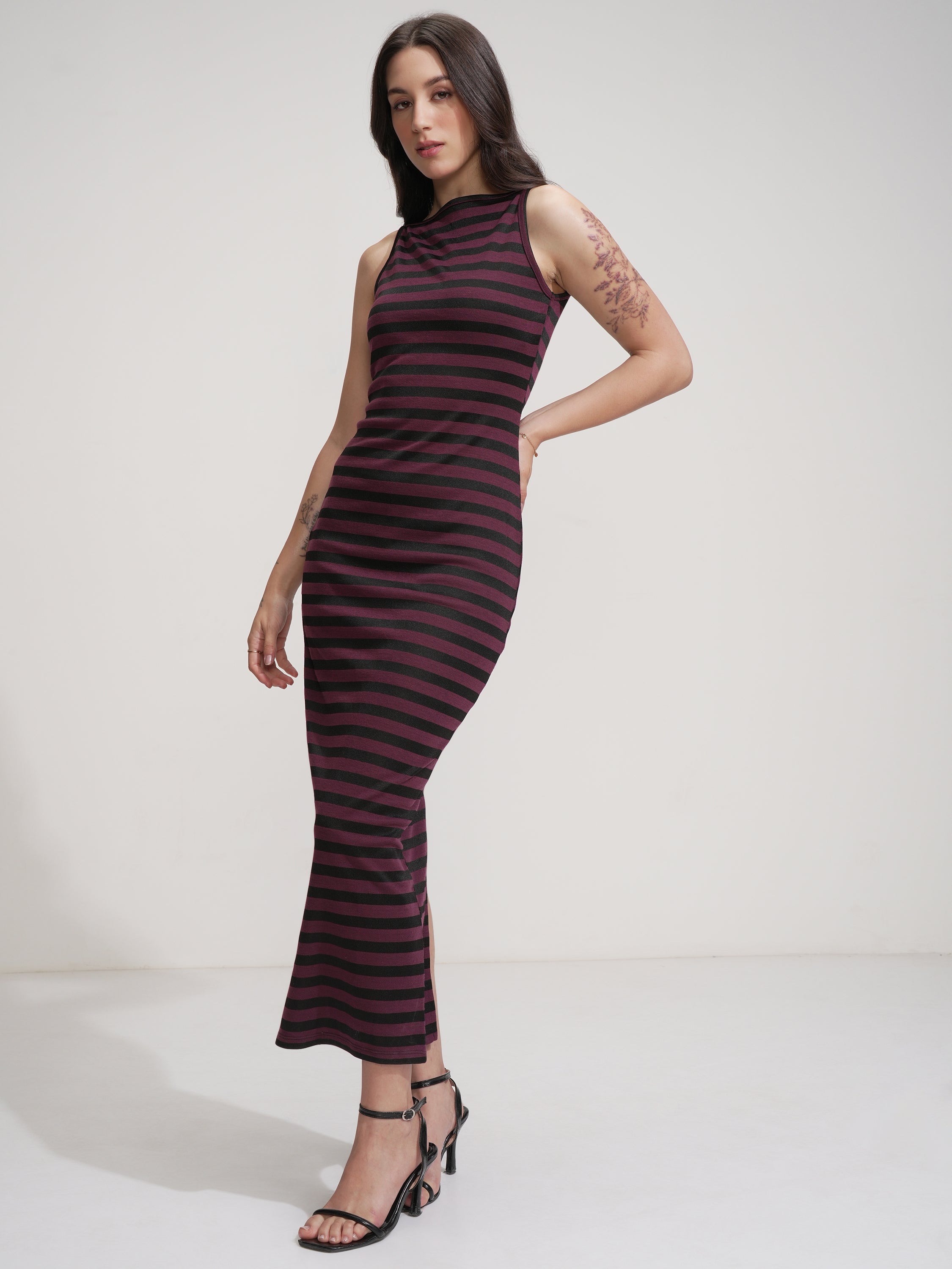 Tokyo Talkies Women Purple Striped Maxi Dress - Purple - Image 4