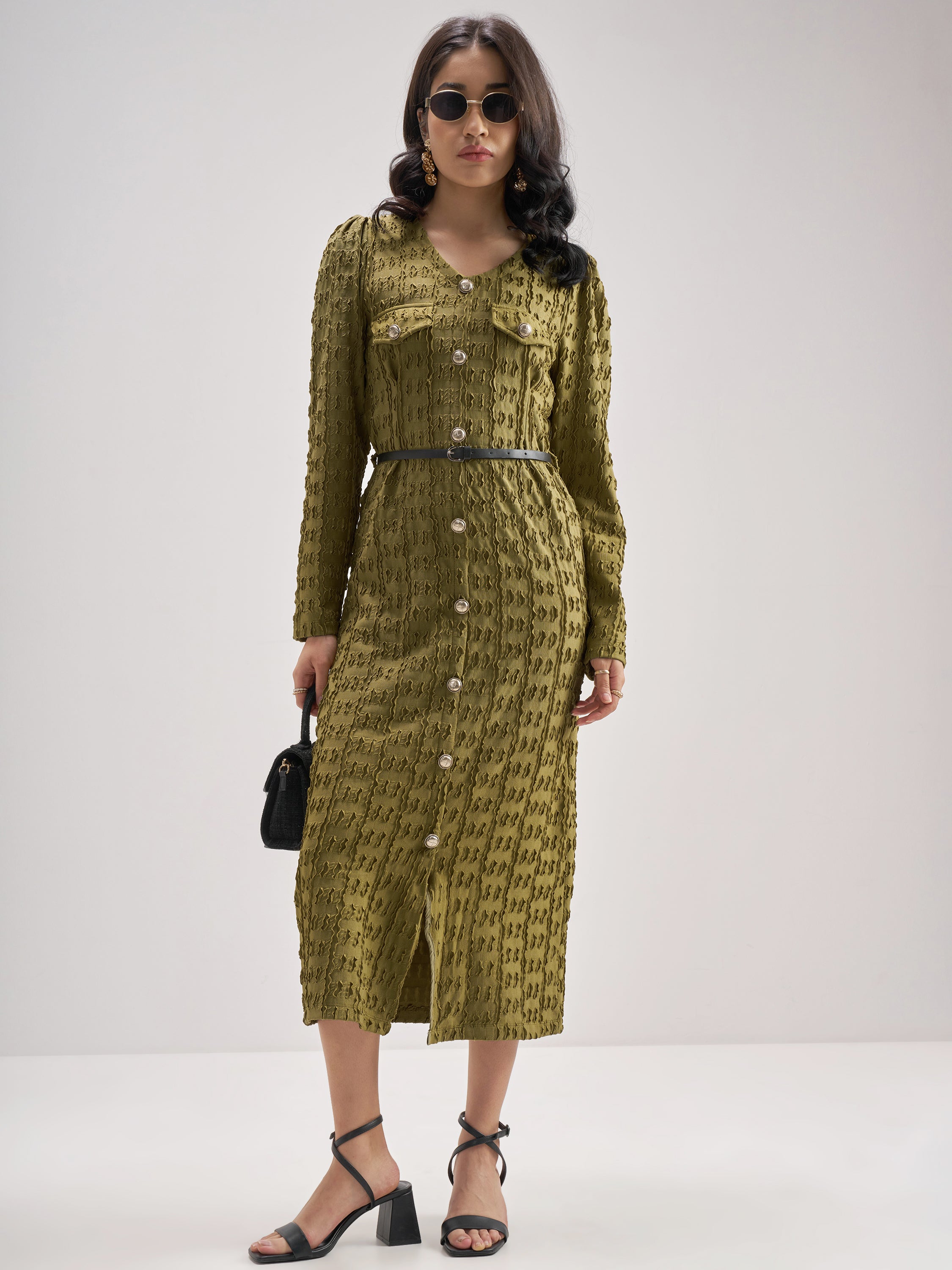 Chic By Tokyo Talkies Women Olive Self Design Shirt Dress - Olive - Image 1